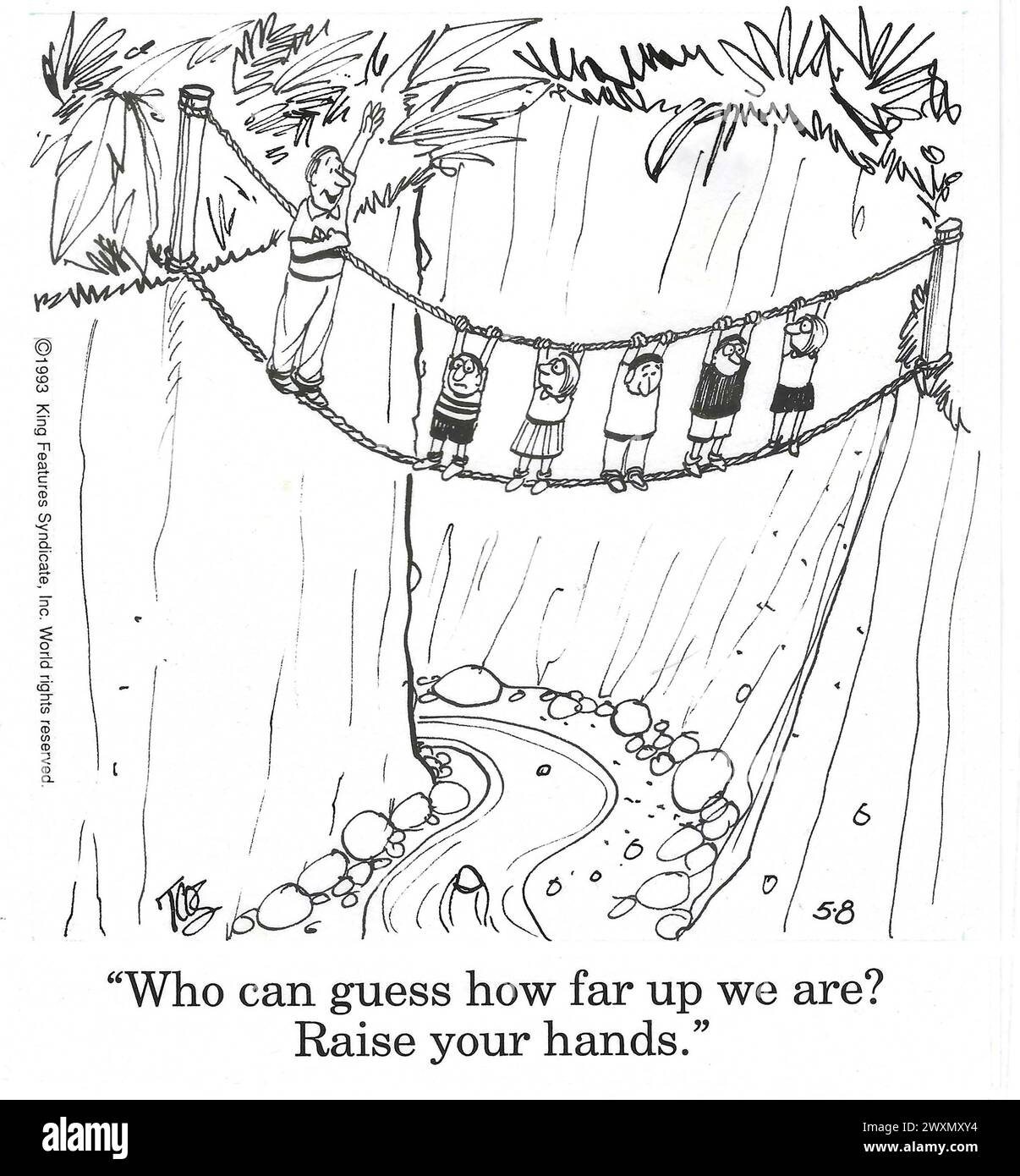 BW cartoon of kids on a rope swing and a teacher asking raise your hands if you know how high up we are. Stock Photo