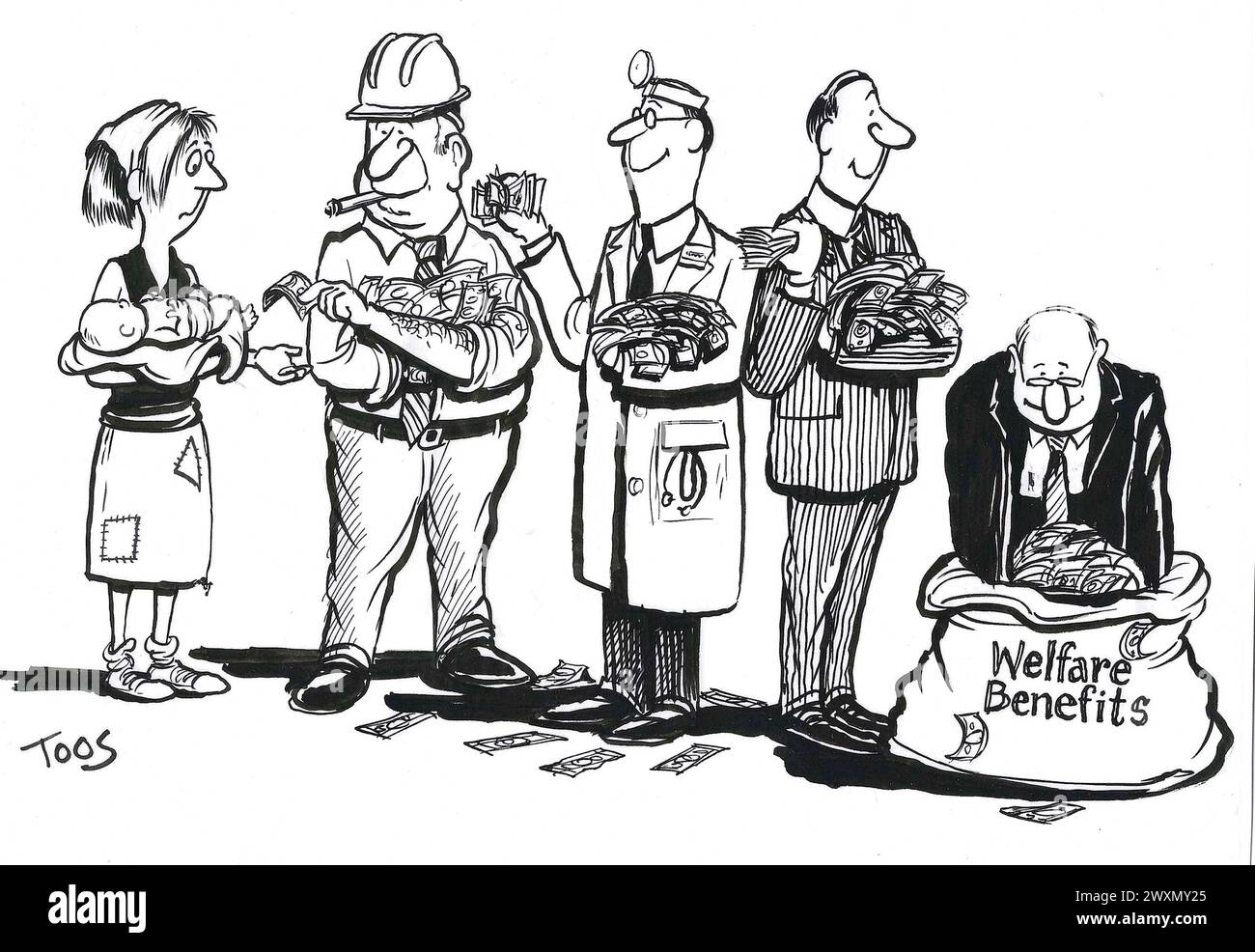BW cartoon showing how welfare benefits diminish before getting to final recipient. Stock Photo