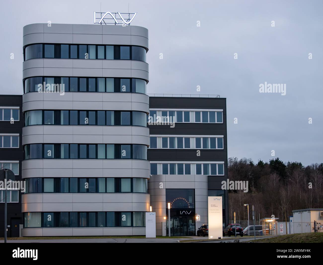 IAV GmbH office building exterior and main entrance. Modern architecture of an industrial house. The engineering company is part of the auto branch. Stock Photo