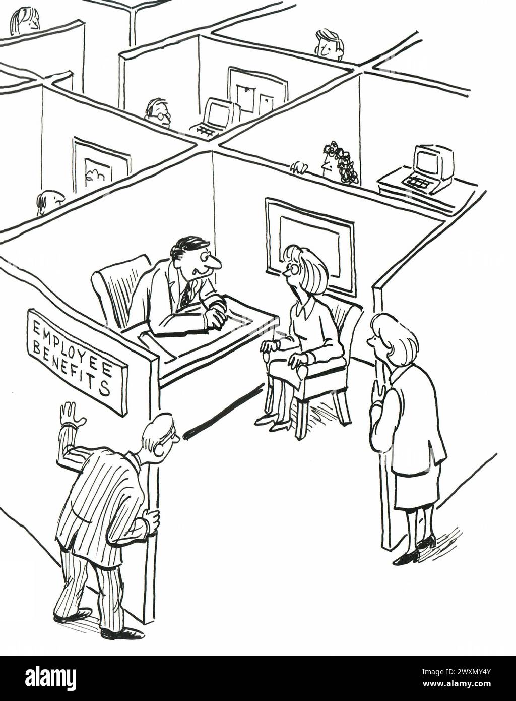 BW cartoon of employees listening in to the communication of employee benefits to new hire. Stock Photo