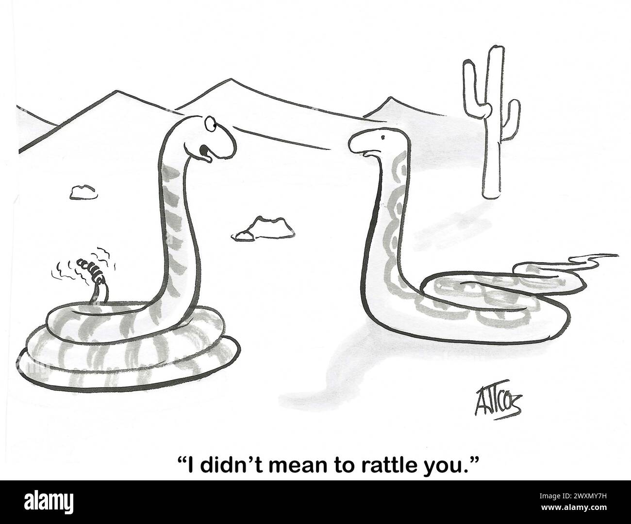 BW cartoon of one rattle snake rattling another. Stock Photo