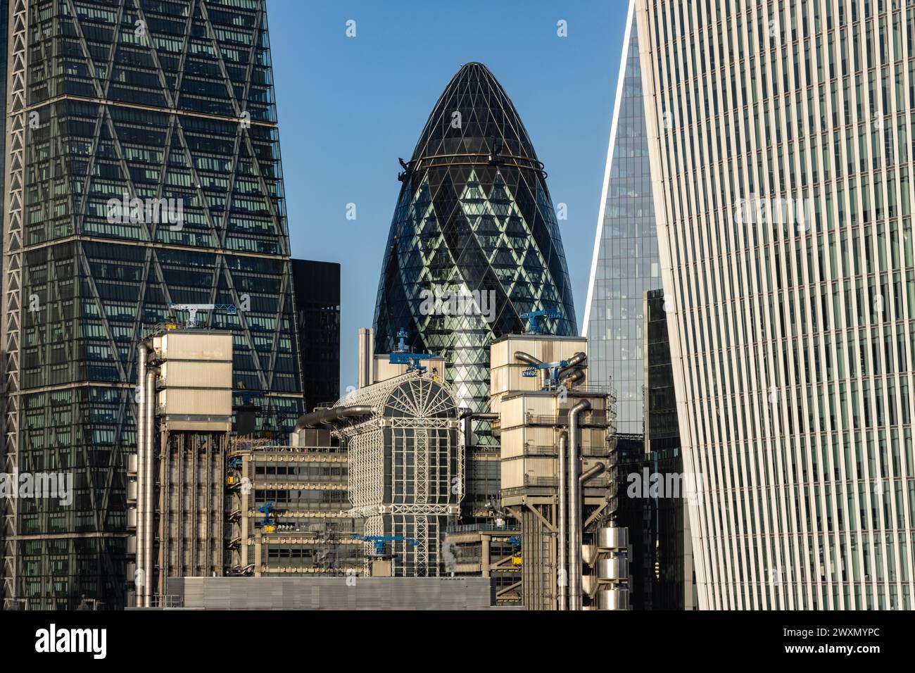 London skyline dominated by odd shaped glass and steel skyscrapers ...