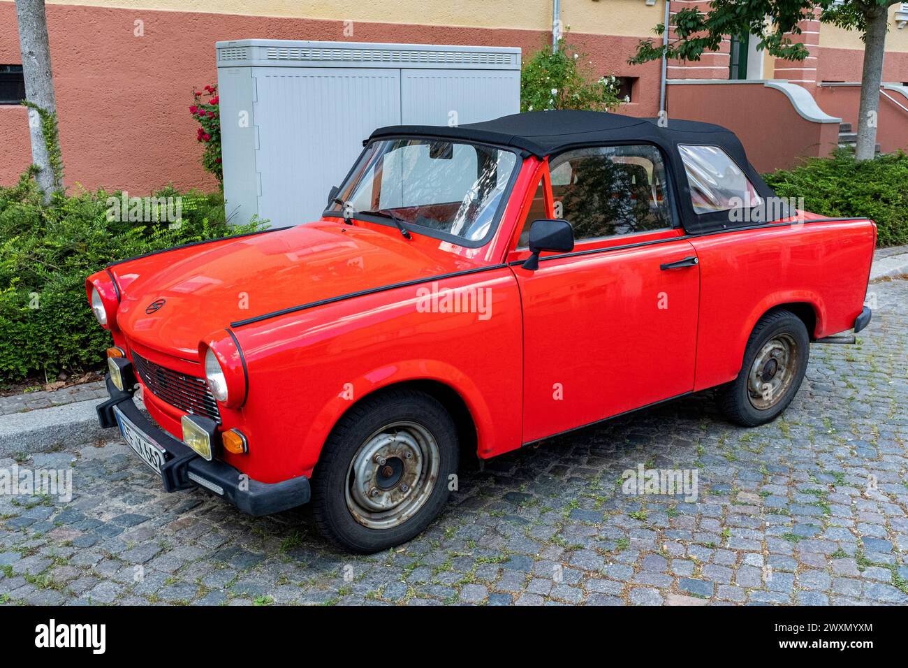 Trabi Cabrio Frankfurt Oder, Germany. Totally refurbished DDR / GDR / East-German Trabi Cabriolet Car with red paint job. Trabi s are now a culture thing. Frankfurt Oder Mitte Brandenburg Germany Copyright: xGuidoxKoppesxPhotox Stock Photo