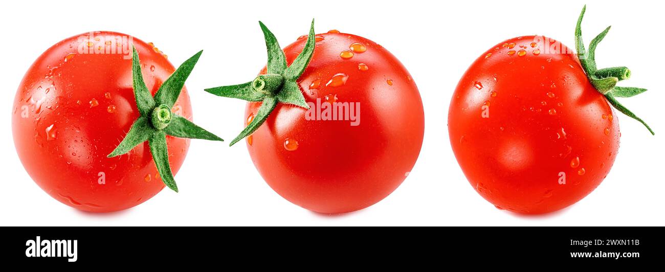 Three cherry tomatoes covered with water drops isolated on white ...