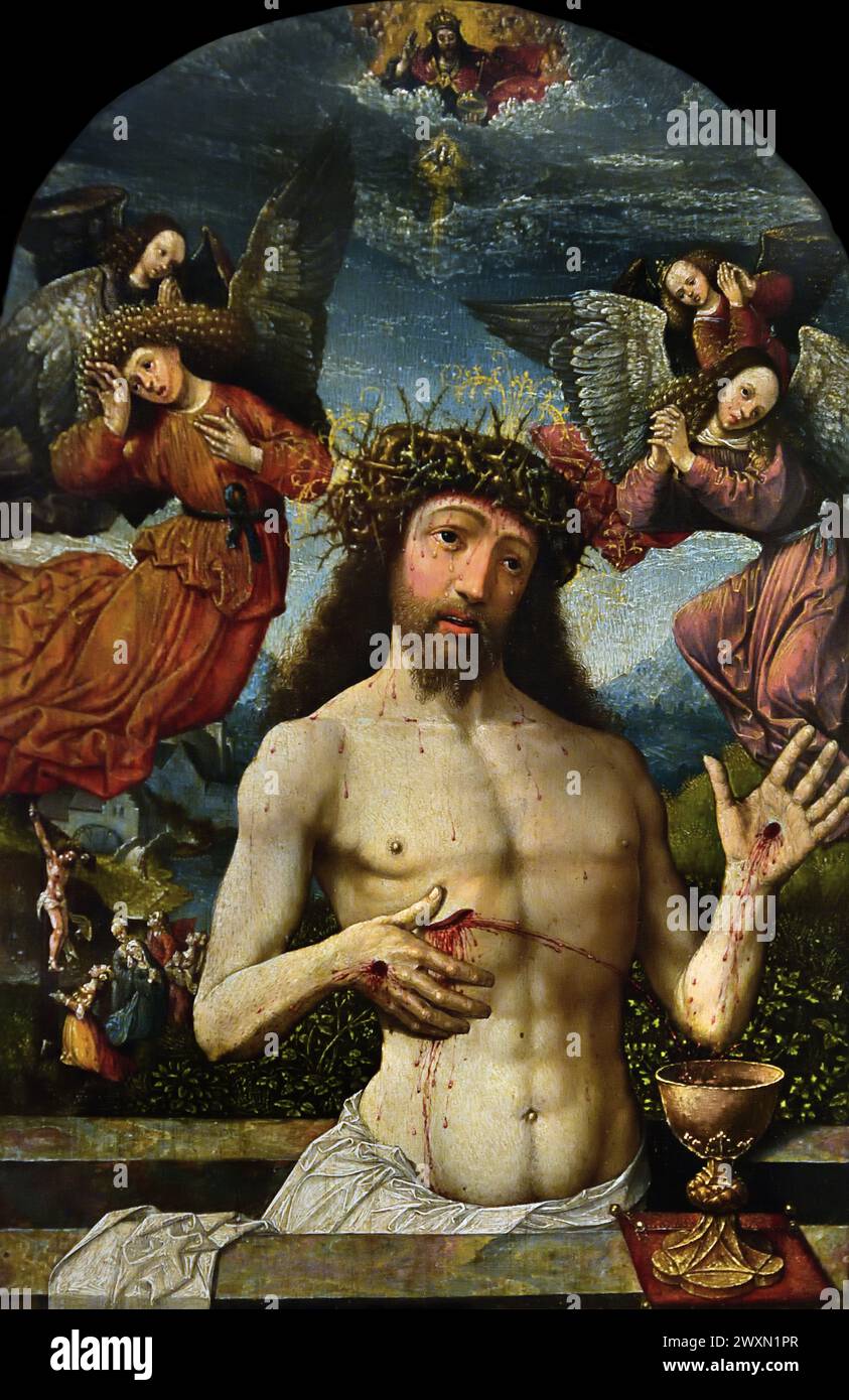 Man of Sorrows 1510 by Jacob Cornelisz. van Oostsanen  Museum Mayer van den Bergh,  Antwerp, Belgium, Belgian. Man of Sorrows, depicts, Jesus with crown of thorns ,with his hands and wrists bound by rope, usually naked, Stock Photo