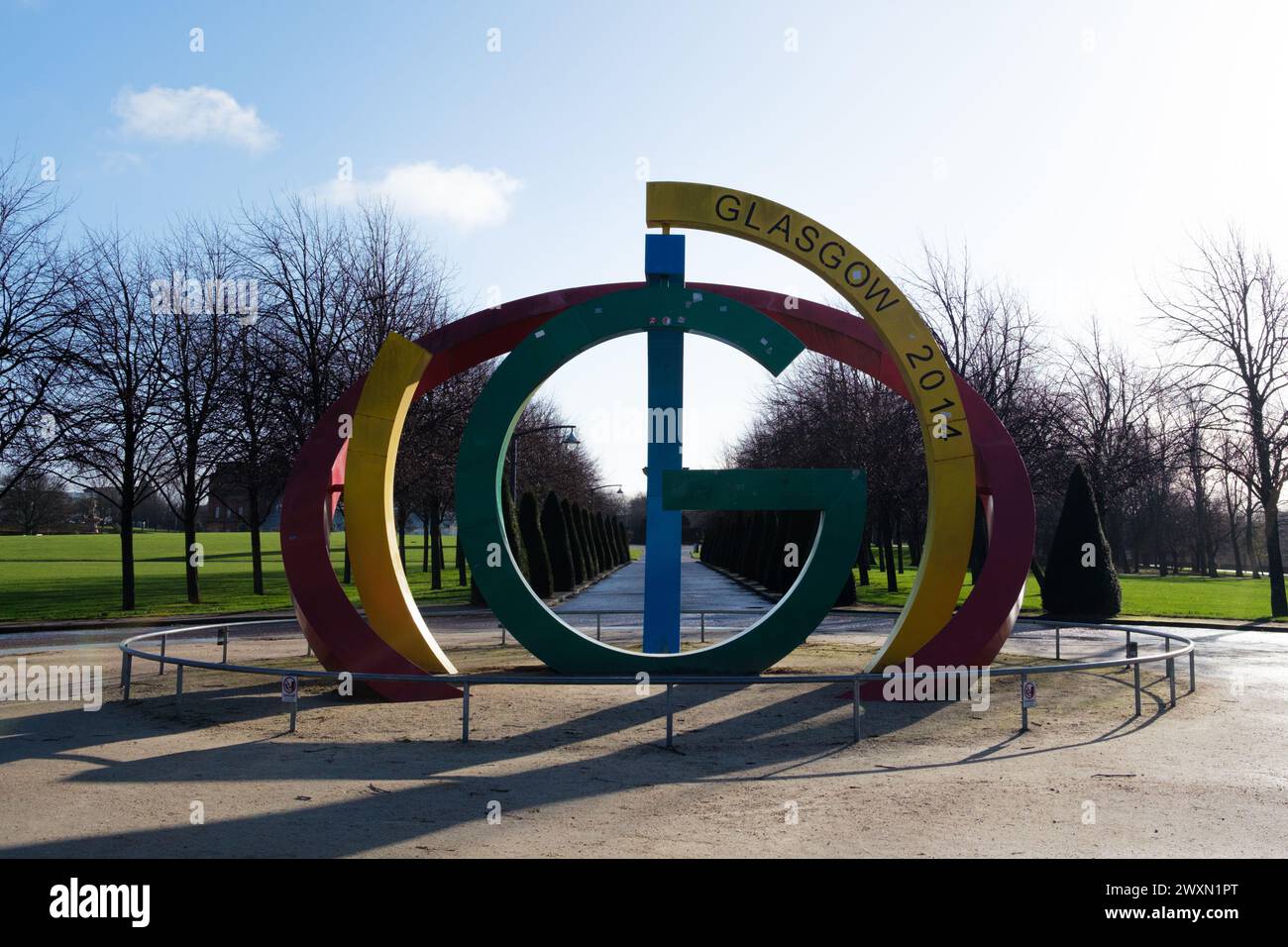 Glasgow Scotland: 12th Feb 2024: Glasgow Green 2014 Commonwealth Games statue monument Stock Photo