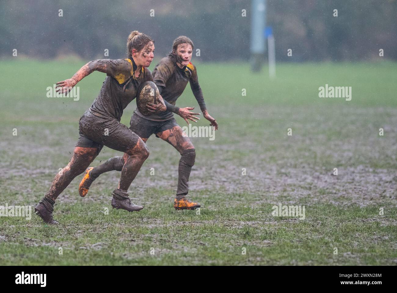 English amateur rugby union women's game playing in wet and muddy conditions. Stock Photo