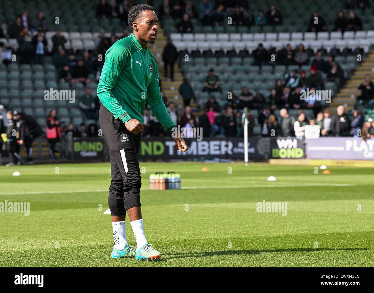 Mickel Miller of Plymouth Argyle warming up during the Sky Bet Championship match Plymouth Argyle vs Bristol City at Home Park, Plymouth, United Kingdom, 1st April 2024 (Photo by Stan Kasala/News Images) in, on 4/1/2024. (Photo by Stan Kasala/News Images/Sipa USA) Credit: Sipa USA/Alamy Live News Stock Photo