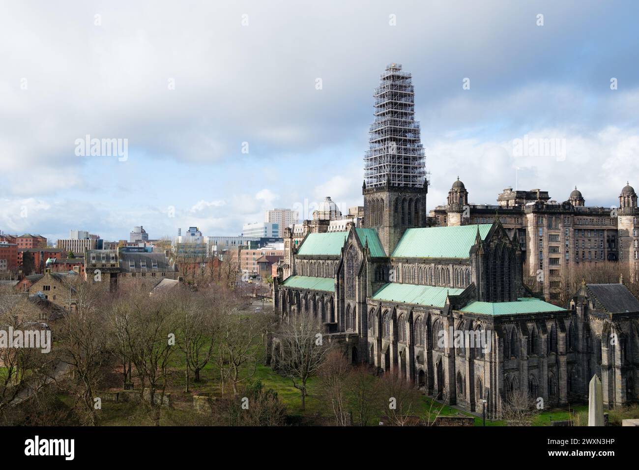 Glasgow Scotland: 12th Feb 2024: Glasgow Cathedral during renovations with scaffolding on tower Stock Photo