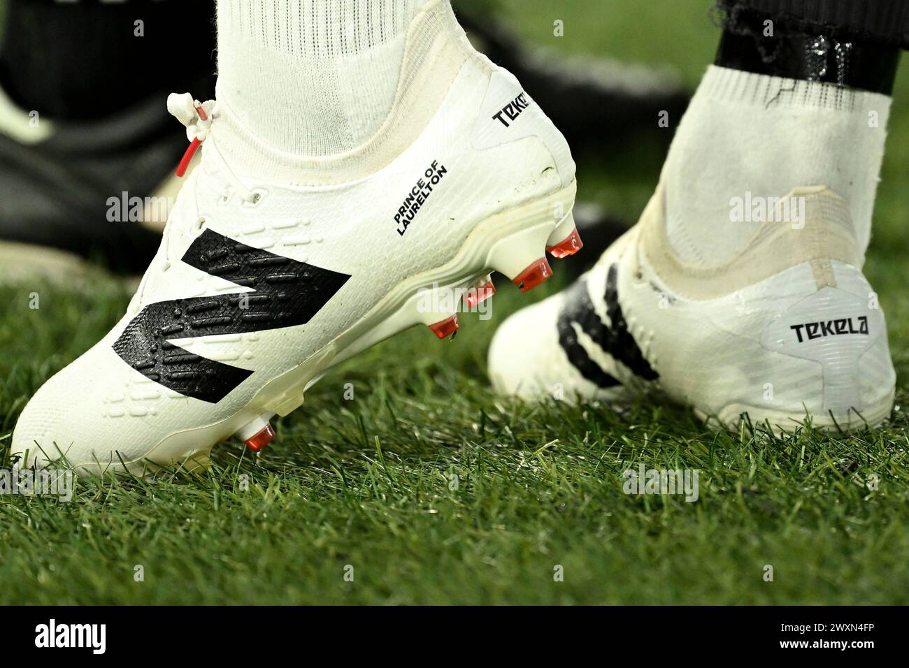Timothy Weah of Juventus FC boots with 'Prince of Laurelton' inscription are seen during the Serie A football match between SS Lazio and Juventus FC at Olimpico stadium in Rome (Italy), March 30th, 2024. Stock Photo