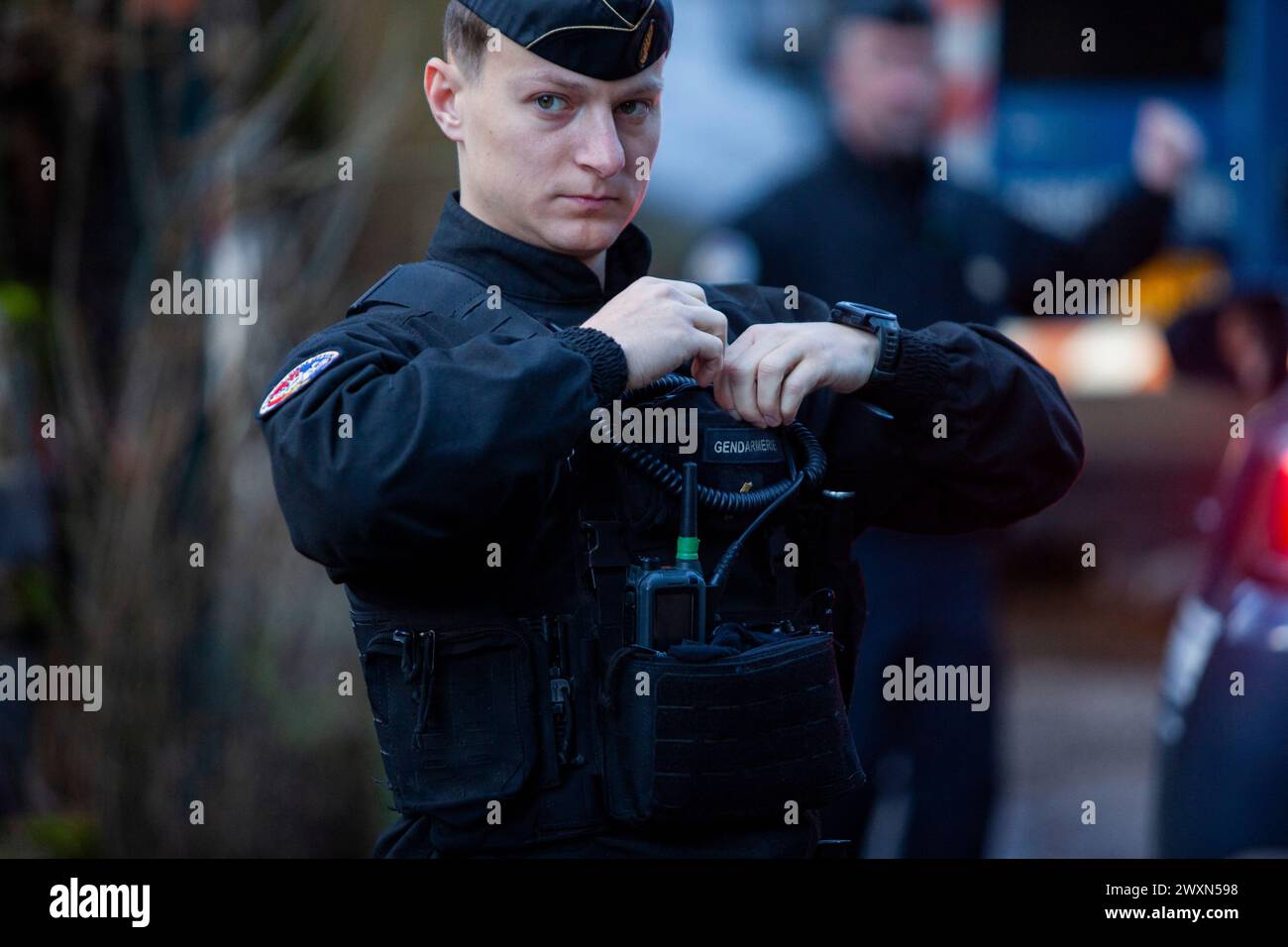 Le Vernet, France. 01st Apr, 2024. The road to Haut-Vernet is blocked by a gendarmerie checkpoint at the village of Le Vernet, France, Vernet, on april 01, 2024. The remains of Emile, who disappeared since July 8th last year in Le Vernet, were discovered this Saturday a few kilometers from the hamlet. Photo by Thibaut Durand/ABACAPRESS.COM Credit: Abaca Press/Alamy Live News Stock Photo