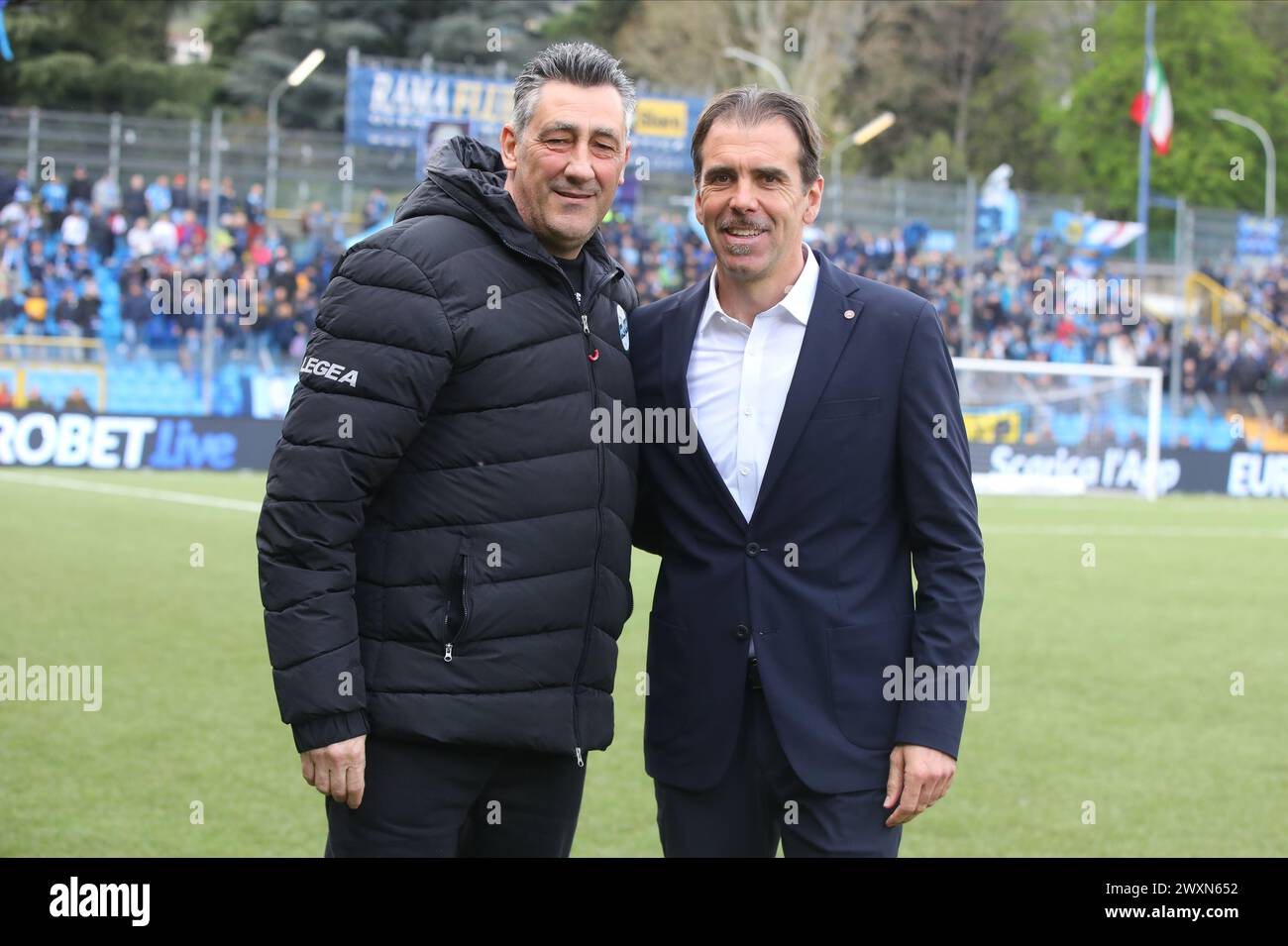 Lecco, Italy. 01st Apr, 2024. coach Alfredo Aglietti (Lecco) and coach Edoardo Gorini (Cittadella) during the Serie BKT match between Lecco and Cittadella at Stadio Mario Rigamonti-Mario Ceppi on April 1, 2024 in Lecco, Italy.(Photo by Matteo Bonacina/LiveMedia) Credit: Independent Photo Agency/Alamy Live News Stock Photo