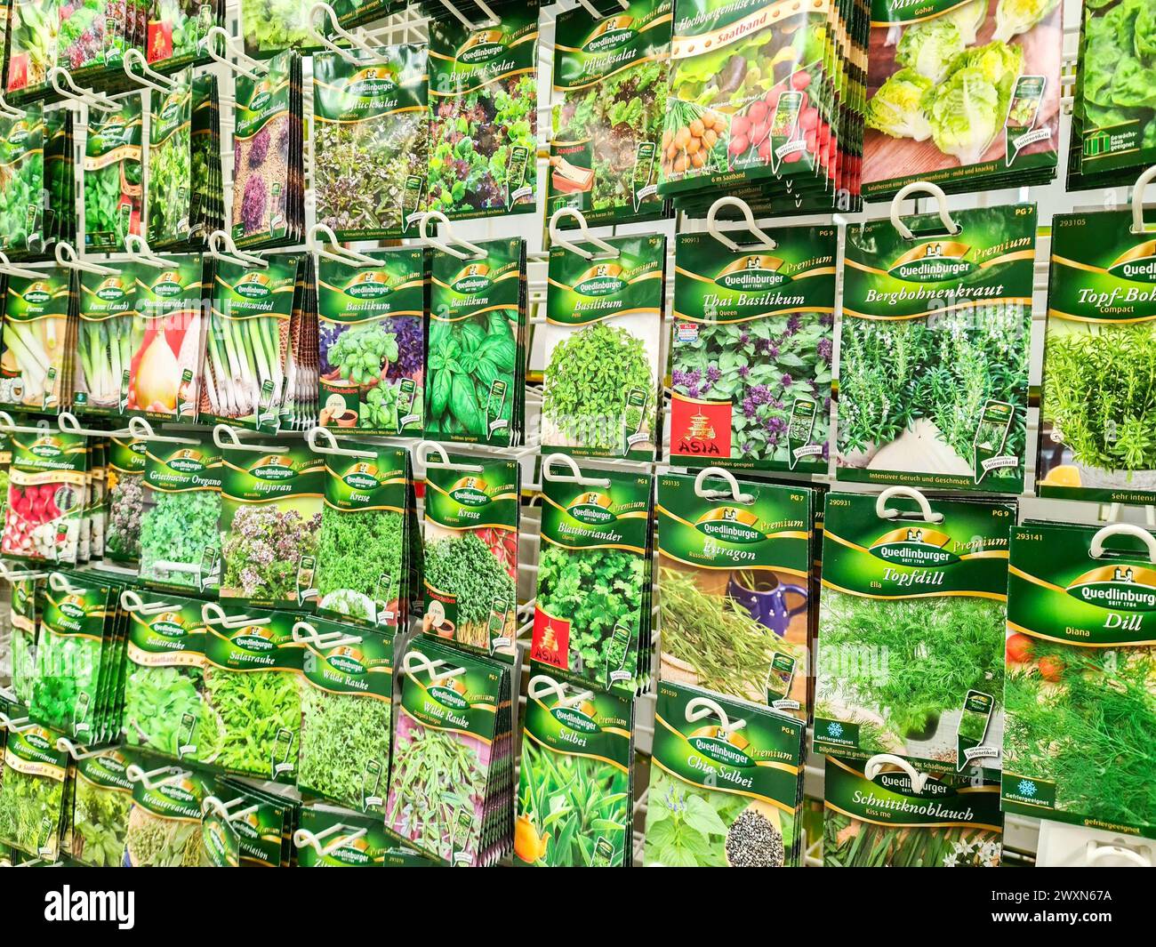 Kiel, Germany 01. April 2024 Numerous Quedlinburger brand seed bags