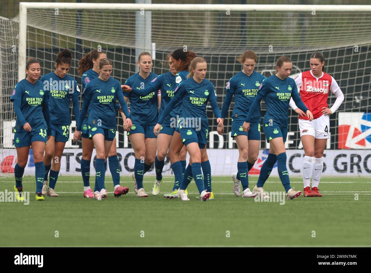 WIJDEWORMER, NETHERLANDS - MARCH 31: PSV is celebrating the goal during the Dutch Azerion Women’s Eredivisie match between AZ Alkmaar and PSV at AFAS Stock Photo