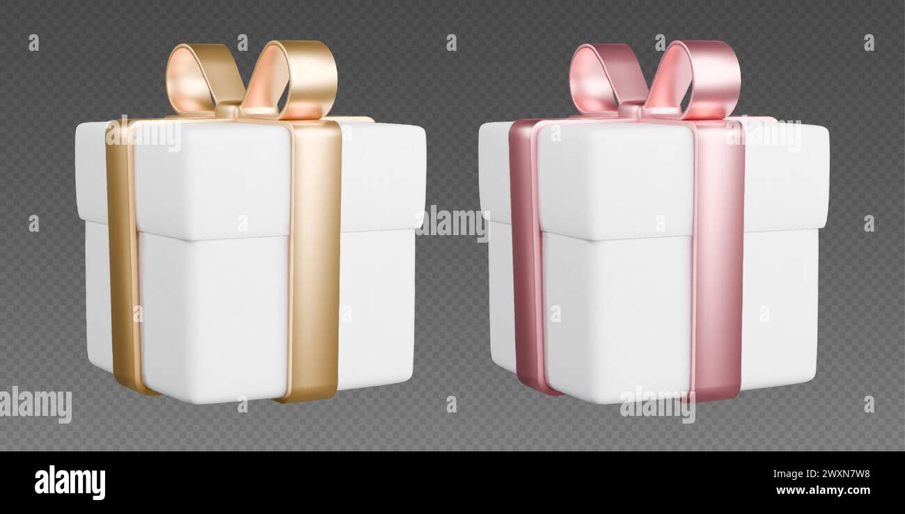 Gift boxes with ribbons, realistic 3d white boxes with golden and rose ...