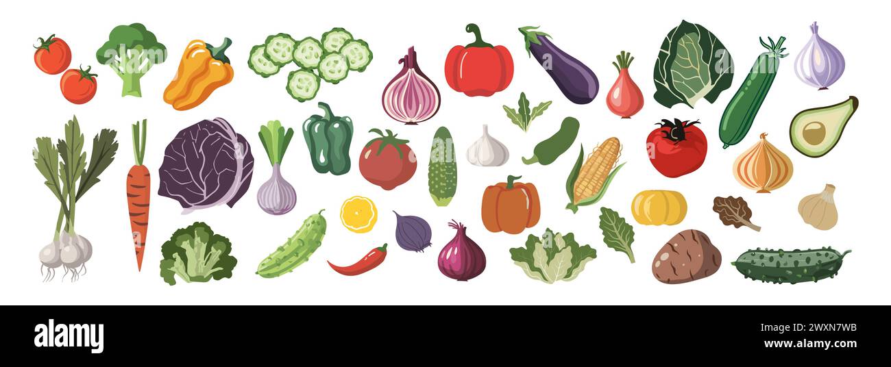 Set of different vegetables vector icons isolated. Stock Vector