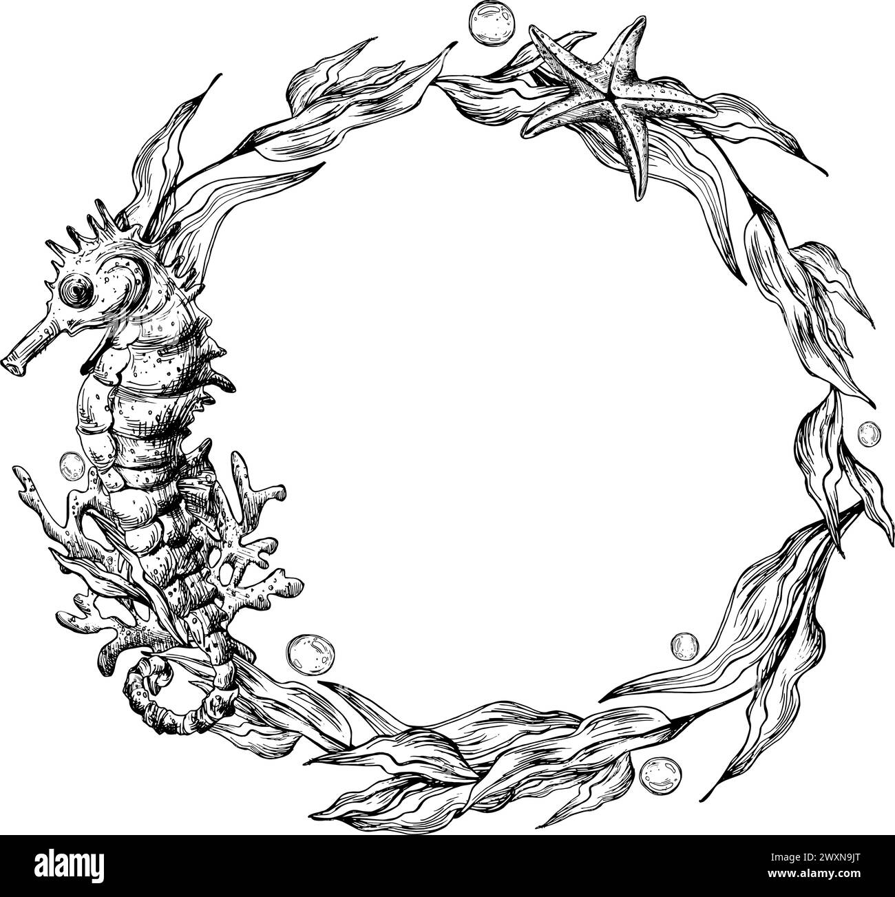 Underwater world clipart with sea animals seahorse, shells, coral and algae. Graphic illustration hand drawn in black ink. Circle wreath, frame EPS Stock Vector