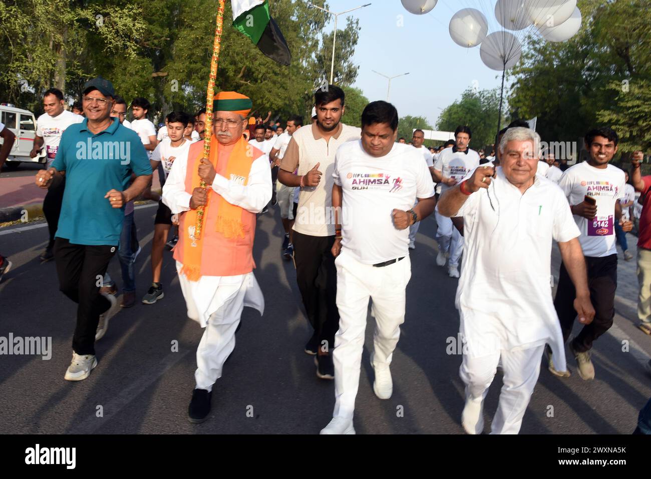Bikaner, Rajasthan, India. 31st Mar, 2024. Union Minister of State (I/C) for Law & Justice Arjun Ram Meghwal, Bharatiya Janata Party (BJP) MLA Tarachand Saraswat, BJP leader Mahaveer Ranka and volunteers participate in the ''Ahimsa Run for Peace and Non Violence'' under the aegis of Jeeto Bikaner. (Credit Image: © Dinesh Gupta/Pacific Press via ZUMA Press Wire) EDITORIAL USAGE ONLY! Not for Commercial USAGE! Stock Photo
