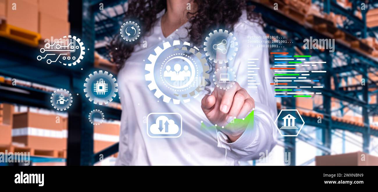 Automation concept, Engineering interacts with the virtual data interface of a modern enterprise in real time, intelligent digital industry Stock Photo