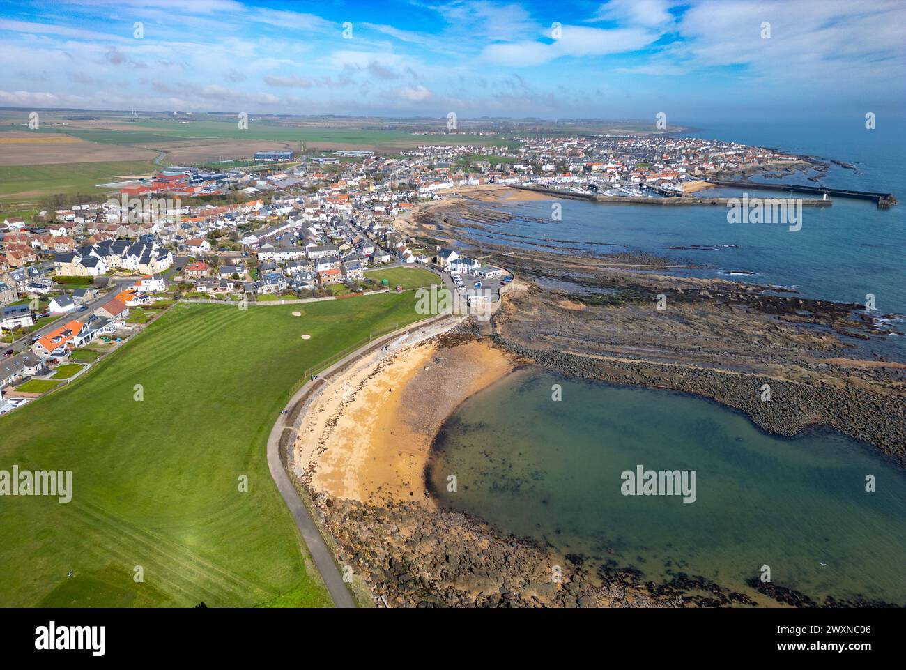 Aerial view of golf course and village of Anstruther in East Neuk of Fife, Scotland, UK Stock Photo
