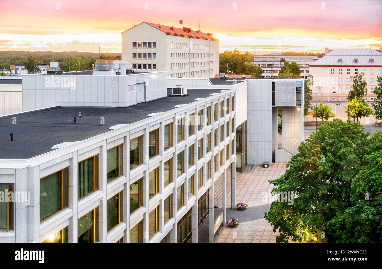Kouvola, Finland. City Hall of the town. Beautiful cityscape. Day or evening sunset in summer. Finnish tourism and travel. Aerial panorama view. Stock Photo