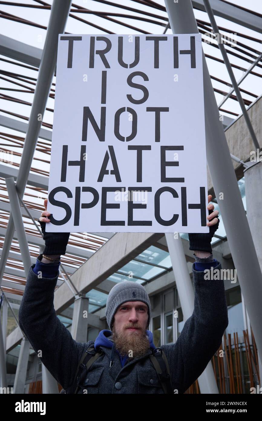Edinburgh Scotland, UK 01 April 2024.  Several hundred people rally at the Scottish Parliament to protest the new Hate Crime law. credit sst/alamy live news Stock Photo