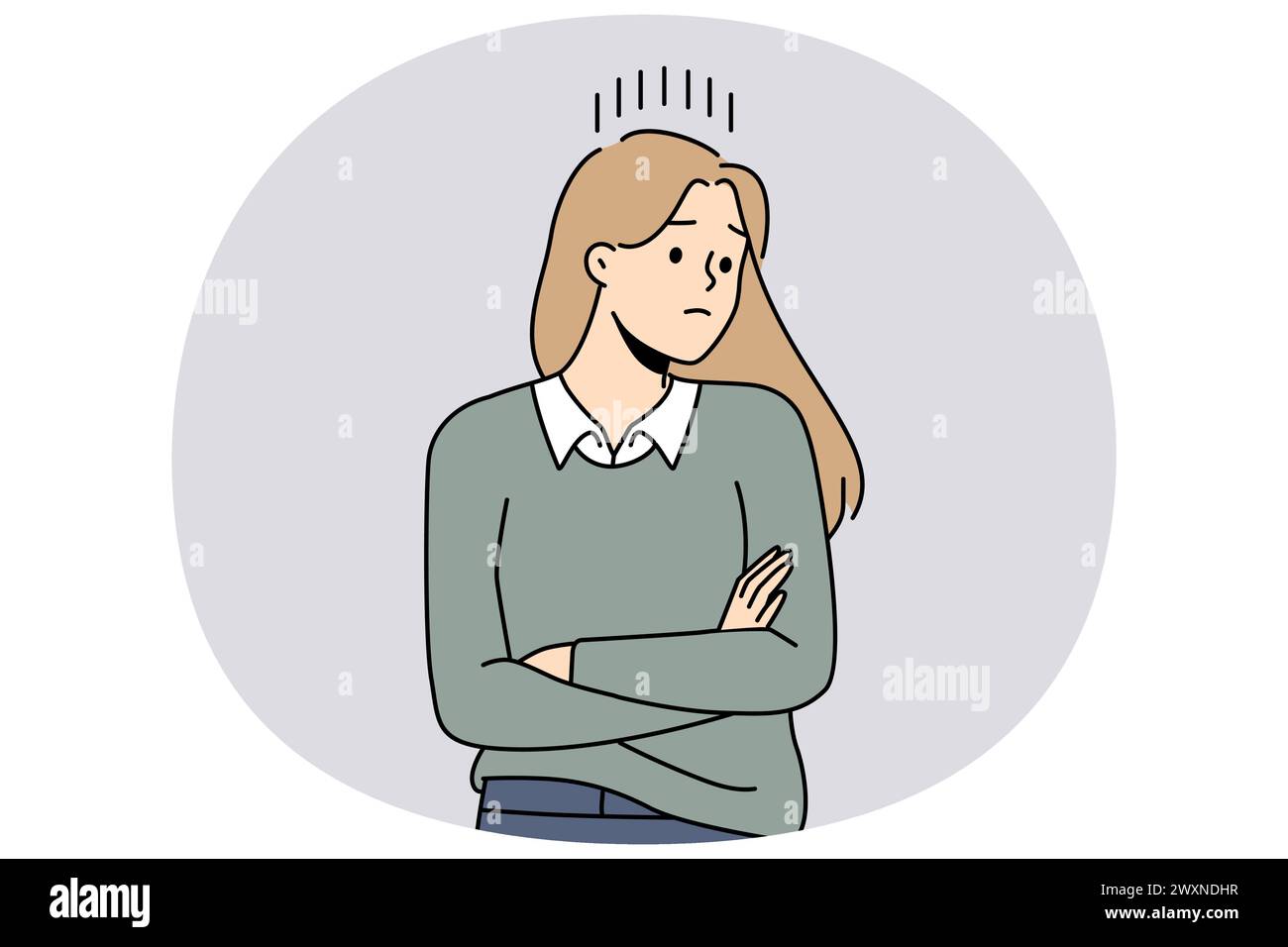Unhappy woman look in distance thinking and brainstorming. Distressed girl feel upset and frustrated frowning and worrying. Vector illustration. Stock Vector