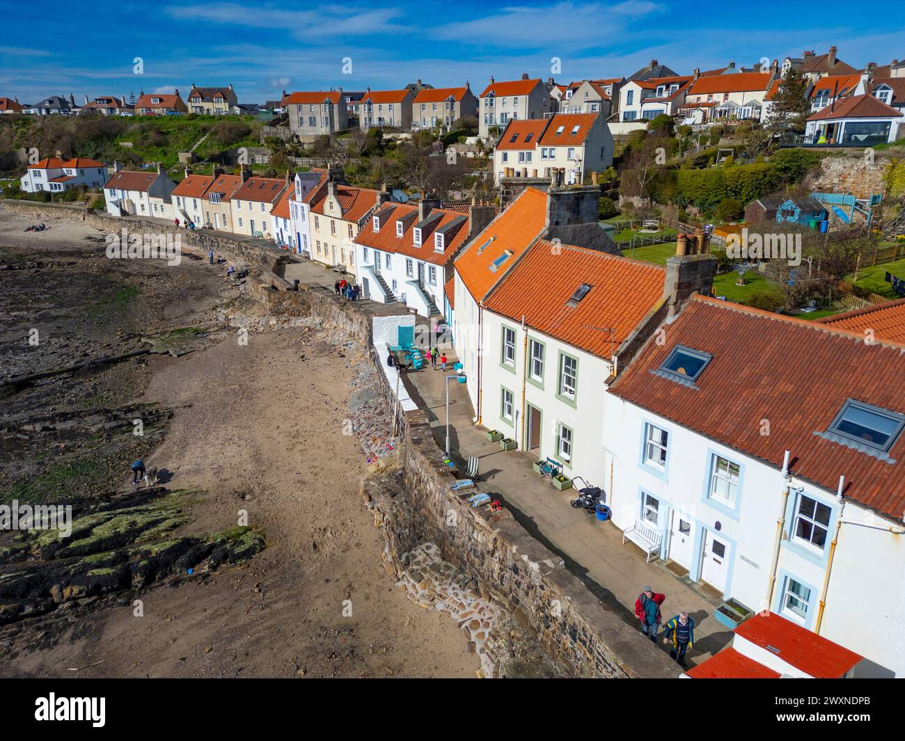 Aerial view of old houses and narrow Mid Shore street in Pittenweem, East Neuk of Fife, Scotland, UK Stock Photo