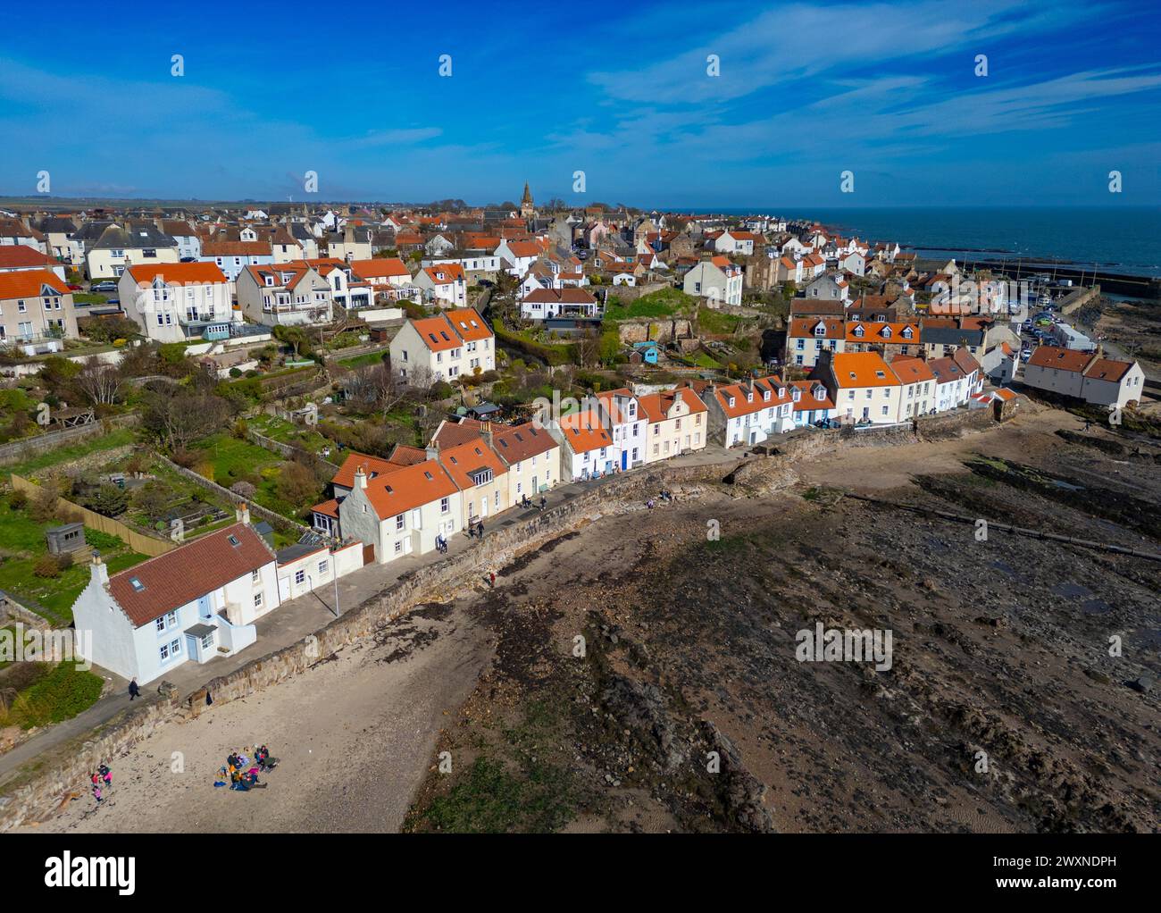 Aerial view of old houses and narrow Mid Shore street in Pittenweem, East Neuk of Fife, Scotland, UK Stock Photo