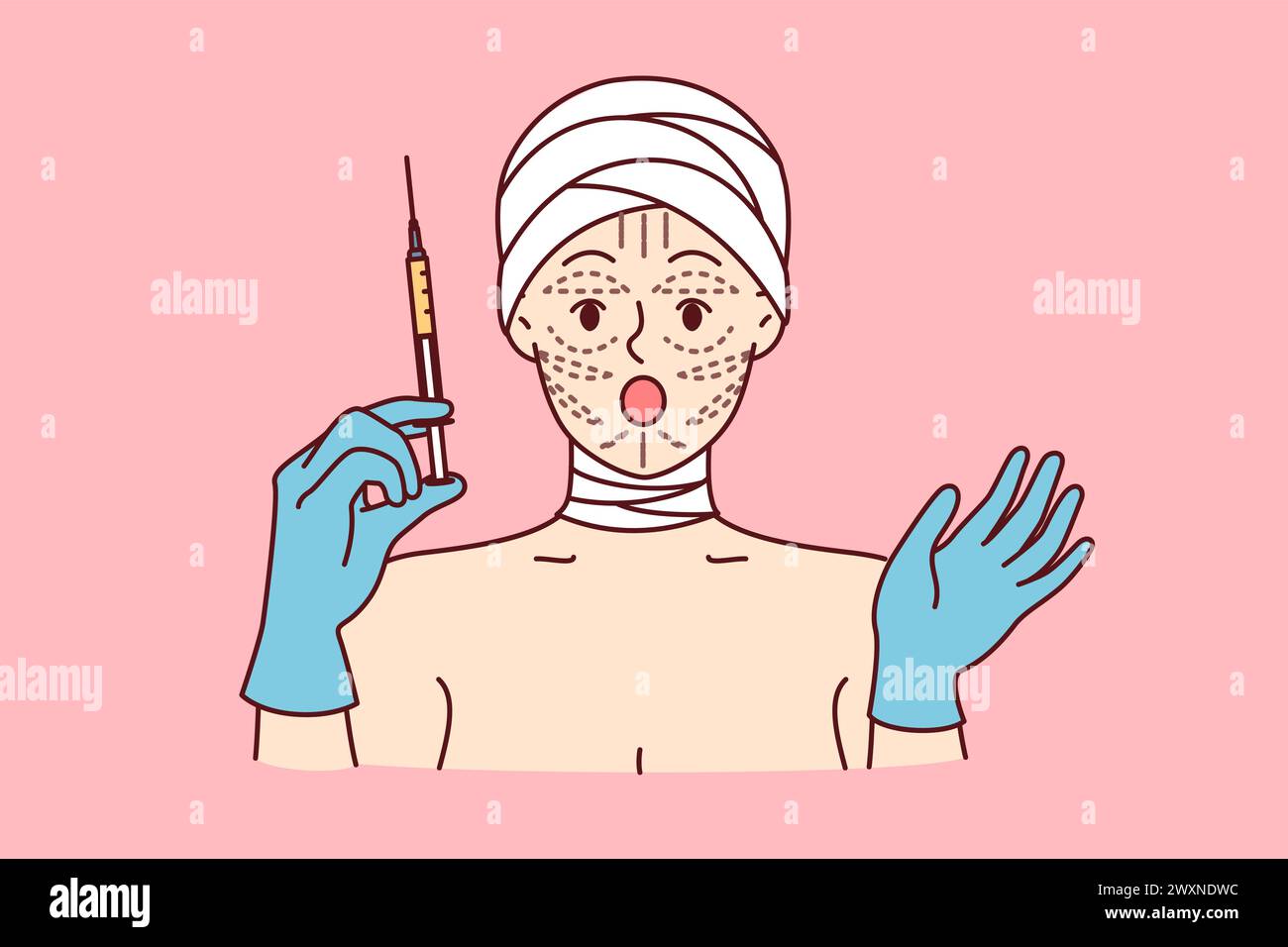 Woman is preparing for facelift procedure, and opens mouth, shocked by