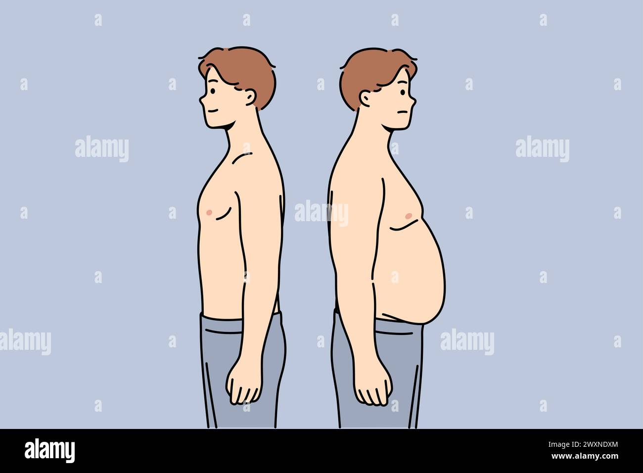 Thin and fat men stand side by side demonstrating changes in figures after eating fast food or working sedentary jobs. Fat guy has problems with excess weight caused by hormonal imbalance in body Stock Vector