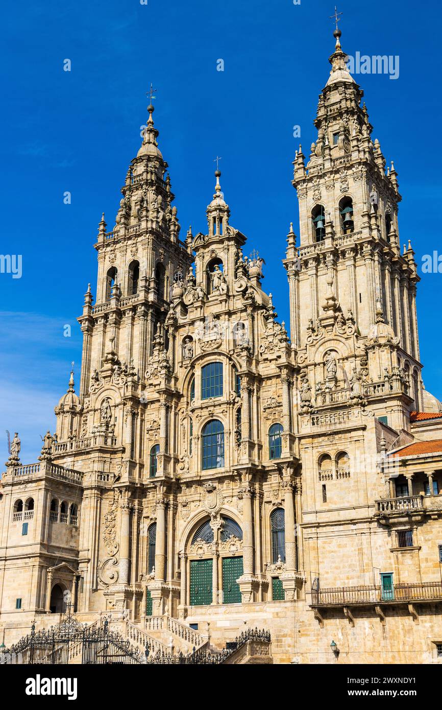 The Obradoiro façade of the Metropolitan Cathedral Church of Santiago de Compostela, in Romanesque, Gothic and Baroque style. Galicia, Spain. Stock Photo