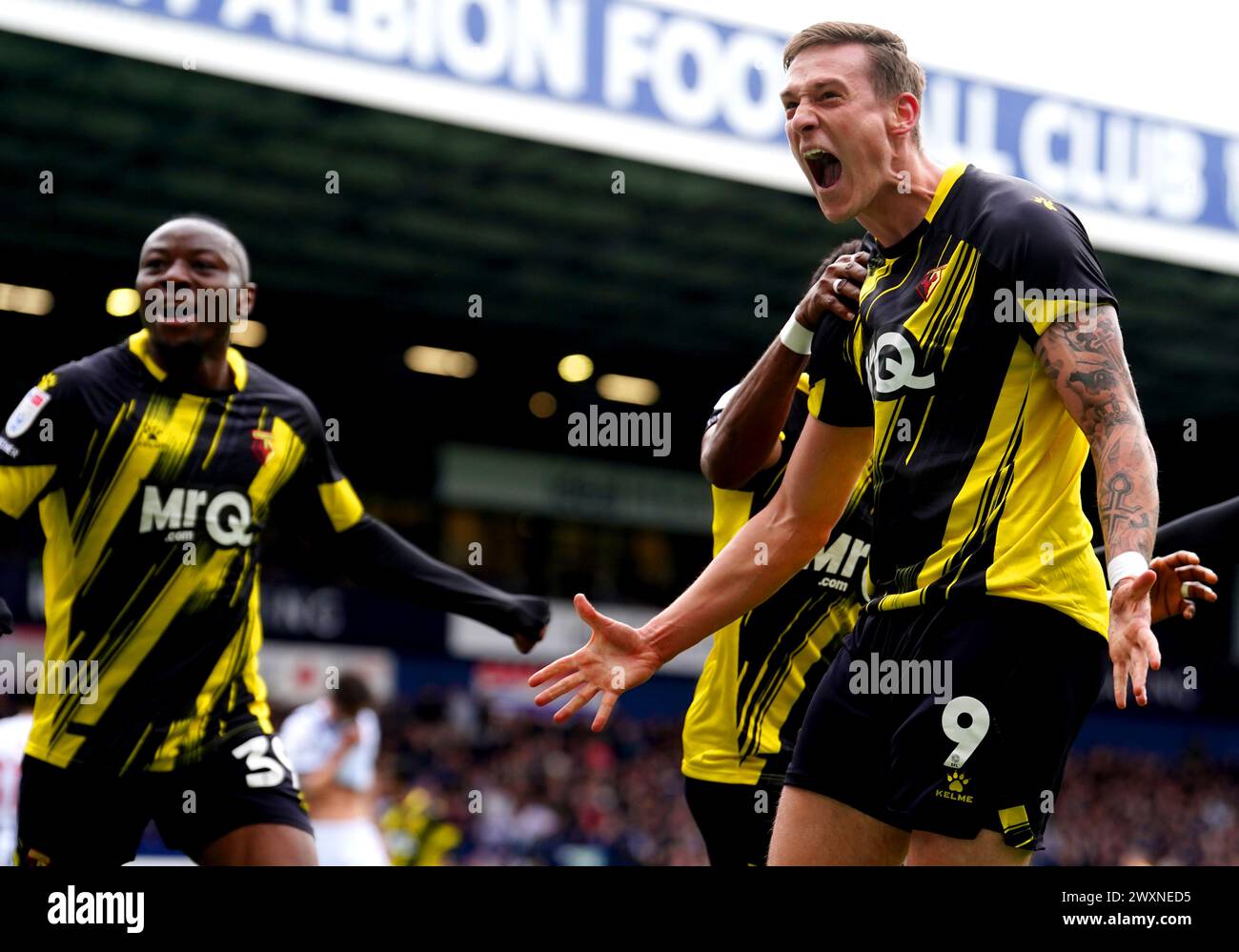 Watford's Mileta Rajovic celebrates scoring their side's second goal of the game during the Sky Bet Championship match at The Hawthorns, West Bromwich. Picture date: Monday April 1, 2024. Stock Photo