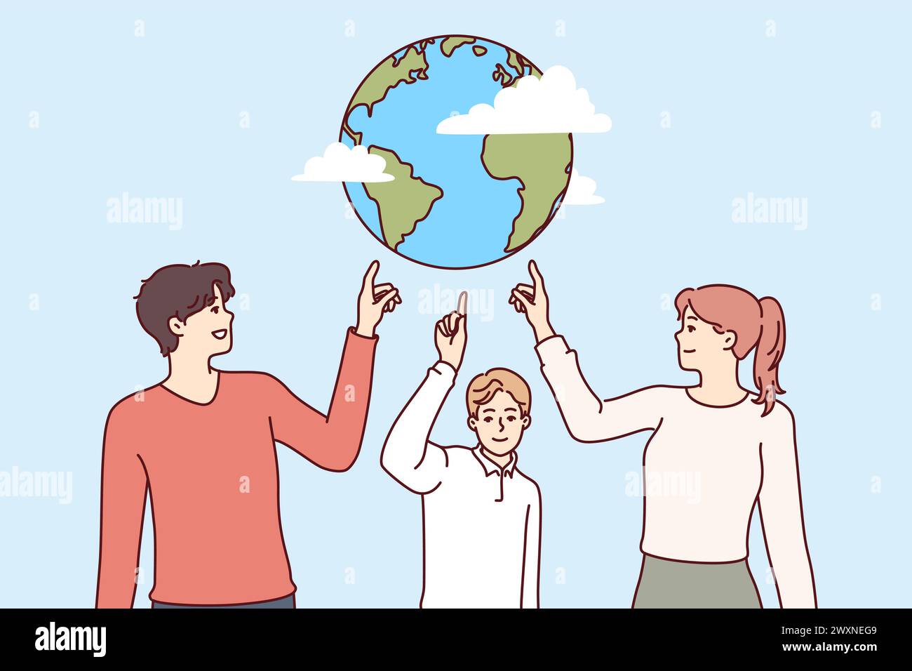 Environmentally conscious people of all ages point to planet together to call for stop to pollution and climate change. Family of parents and child recommends celebrating earth day for save planet Stock Vector