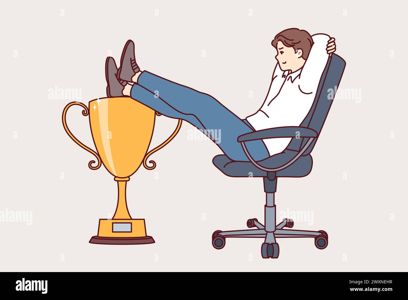 Business man received leadership cup sits in office chair, demonstrating narcissism and disdain for colleagues. Guy manager is proud of having leadership title received thanks to good work in company Stock Vector