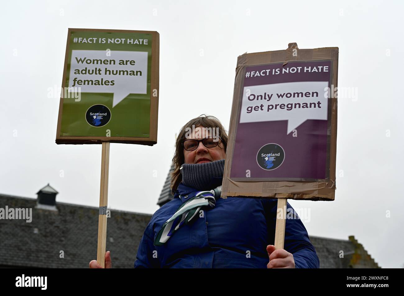 Edinburgh, Scotland, UK. 1st April 2024.  Protest at Holyrood against Scotland's Hate Crime Act which is enforced from today. The legislation is expected to trigger an avalanche of complaints to Police Scotland, and even if no crime has been committed a 'non-crime incident' will be recorded on file. Credit: Craig Brown/Alamy Live News Stock Photo