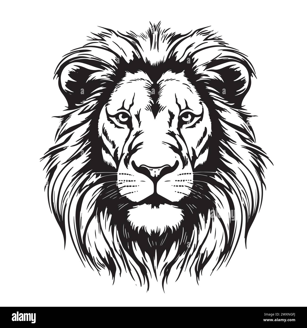 Lion. Sketchy, graphical, black and white portrait of a lion head on a white background. Stock Vector