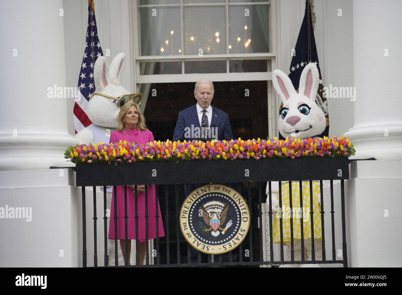 Washington, United States. 01st Apr, 2024. US President Joe Biden makes remarks with First Lady Jill Biden and Easter bunnies on the Truman Balcony of the White House in Washington on Monday, April 1, 2024. The 2024 Easter Egg Roll continues the theme of 'EGGucation' and provides a variety of learning activities for children. Photo by Yuri Gripas/UPI Credit: UPI/Alamy Live News Stock Photo