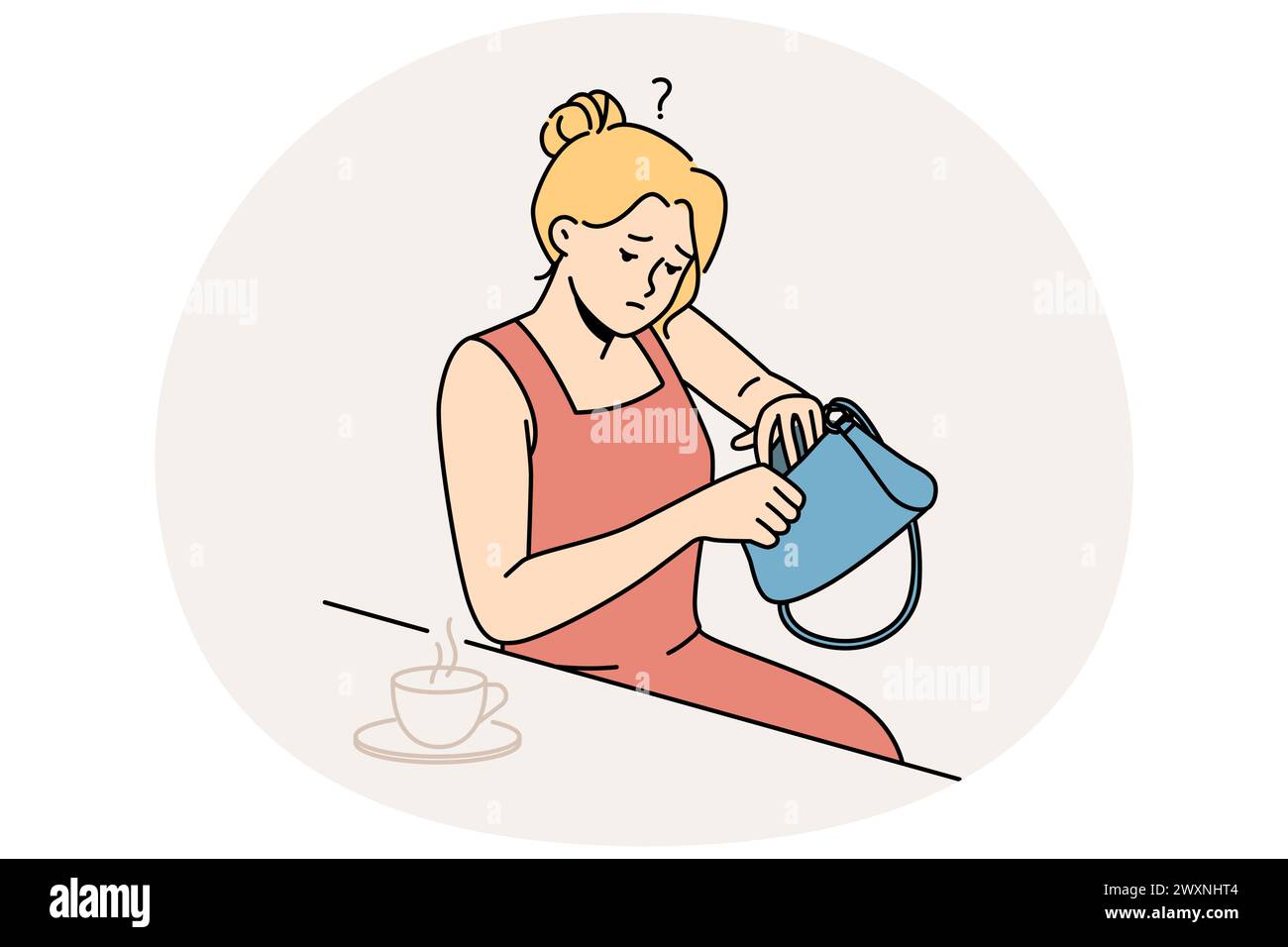 Frustrated woman sit in cafe feel anxious look for lost item in handbag. Worried female search for keys in wallet or purse in coffee shop. Vector illustration. Stock Vector