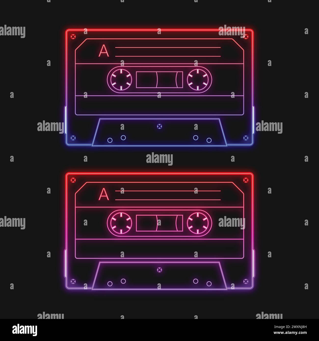 Neon retro audio red cassette tape, a vector illustration set. Isolated ...