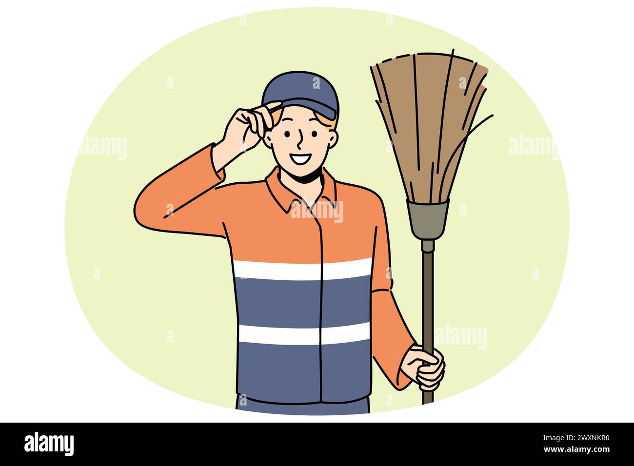 Smiling male janitor in uniform holding brush saluting. Happy man cleaner or swabber greeting with people. Occupation concept. Vector illustration. Stock Vector