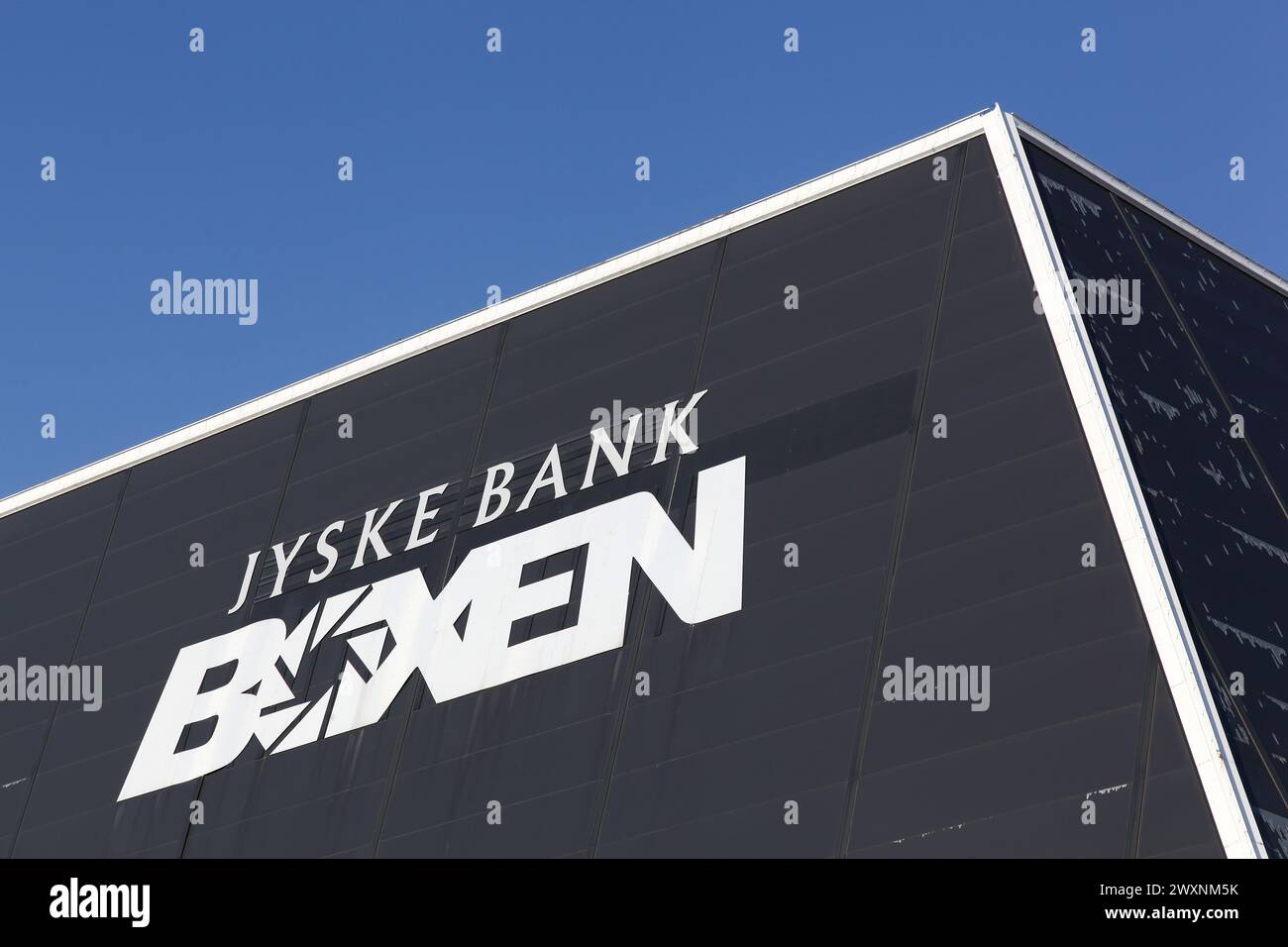 Herning, Denmark - May 13, 2018: Jyske Bank Boxen sign on a building. Jyske Bank Boxen is an indoor arena, located in Herning, Denmark Stock Photo