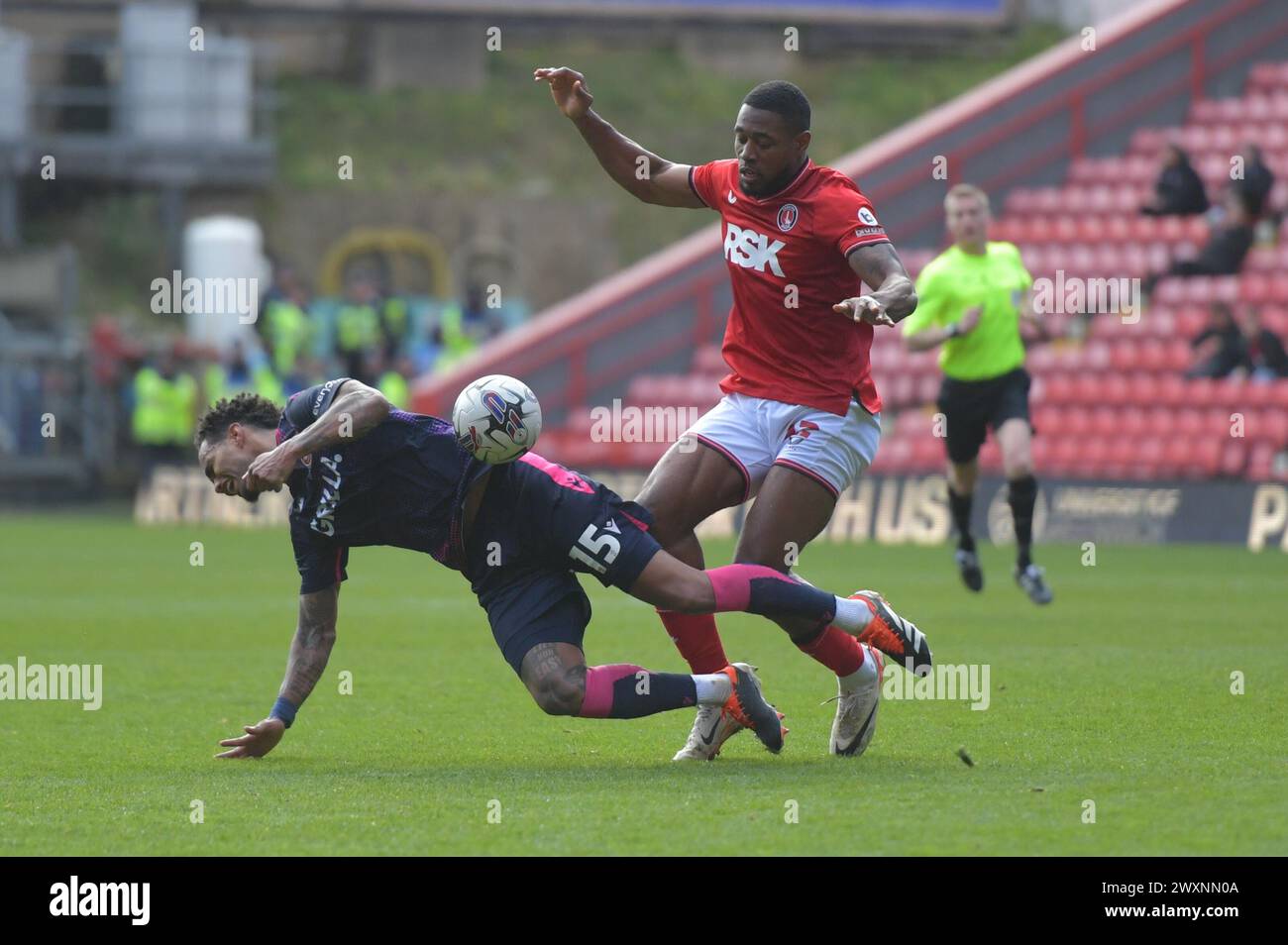 London, England. 1st Apr 2024. Chuks Aneke of Charlton Athletic and Terence Vancooten of Stevenage battle during the Sky Bet EFL League One fixture between Charlton Athletic and Stevenage. Kyle Andrews/Alamy Live News Stock Photo