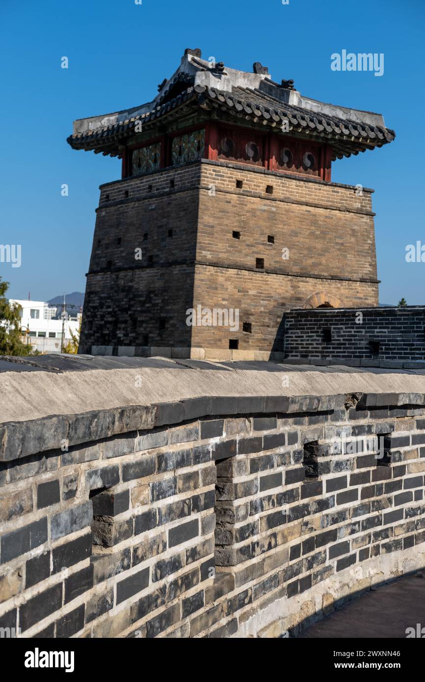 Suwon Hwaseong Fortress Wall, which is surrounding the center of Suwon, the provincial capital of Gyeonggi-do, in South Korea Stock Photo