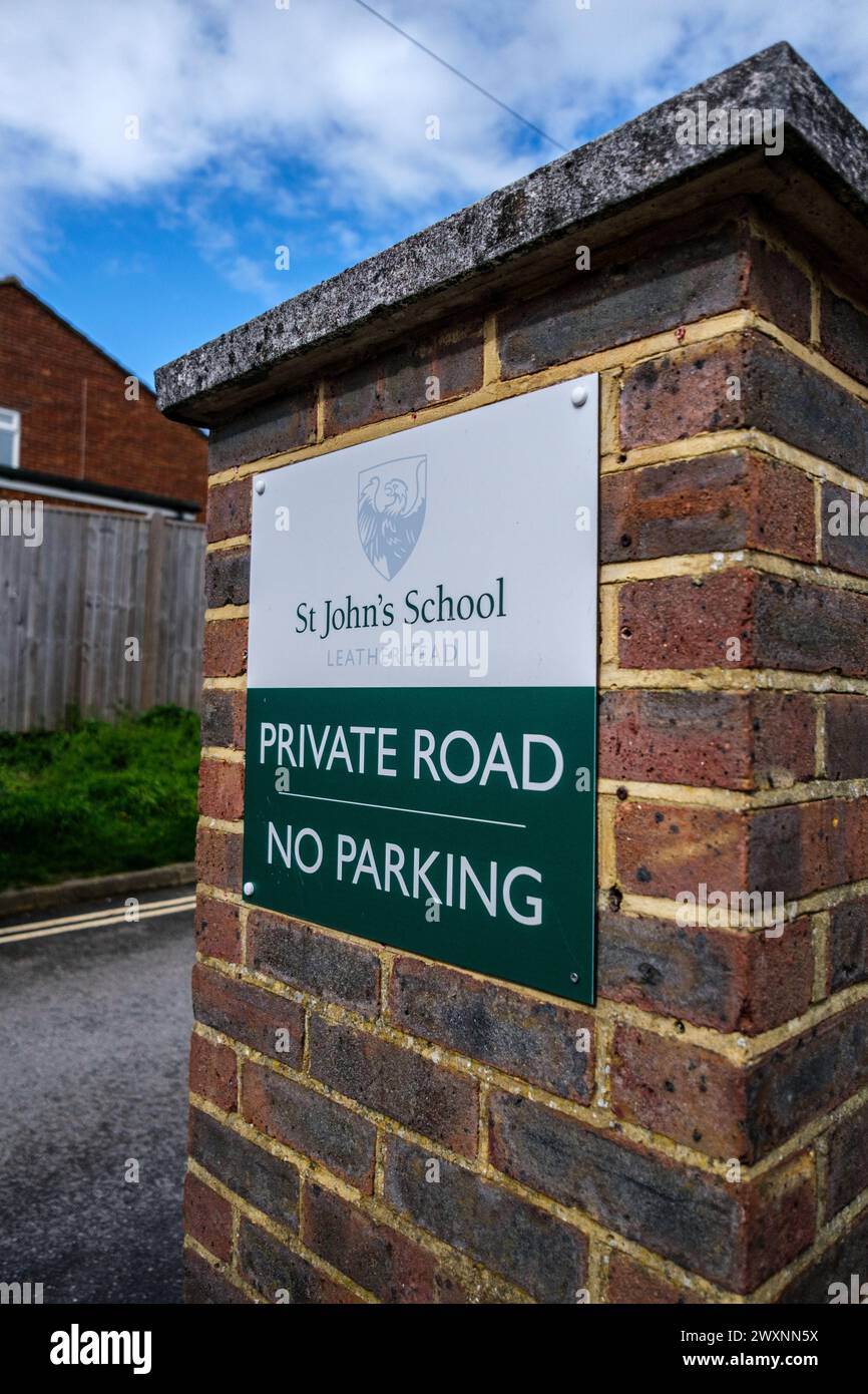 Leatherhead Surrey, UK, April 01 2024, St Johns School Private Road No Parking Sign With Nobody Stock Photo