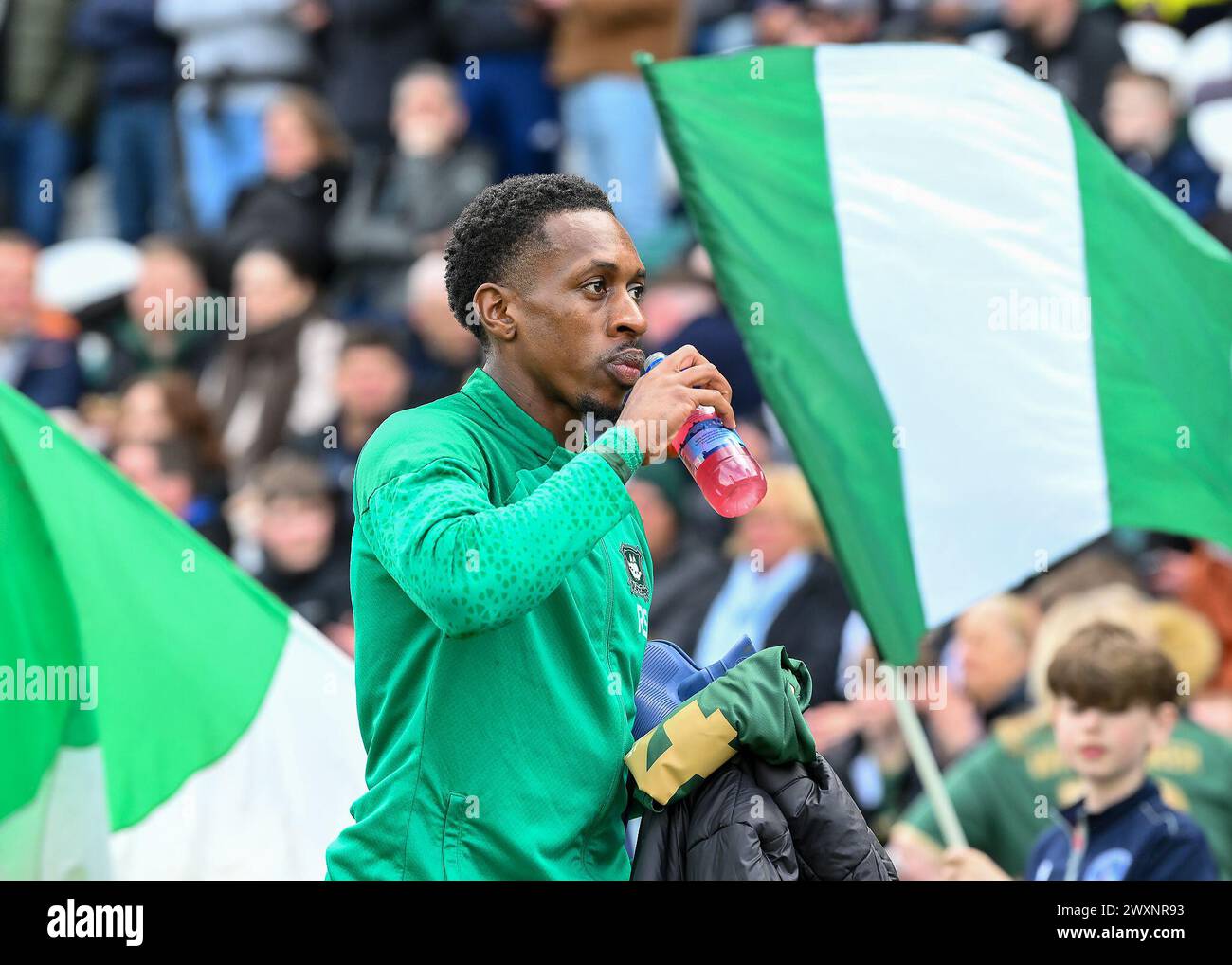 Mickel Miller of Plymouth Argyle in action during the Sky Bet Championship match Plymouth Argyle vs Bristol City at Home Park, Plymouth, United Kingdom, 1st April 2024 (Photo by Stan Kasala/News Images) in, on 4/1/2024. (Photo by Stan Kasala/News Images/Sipa USA) Credit: Sipa USA/Alamy Live News Stock Photo
