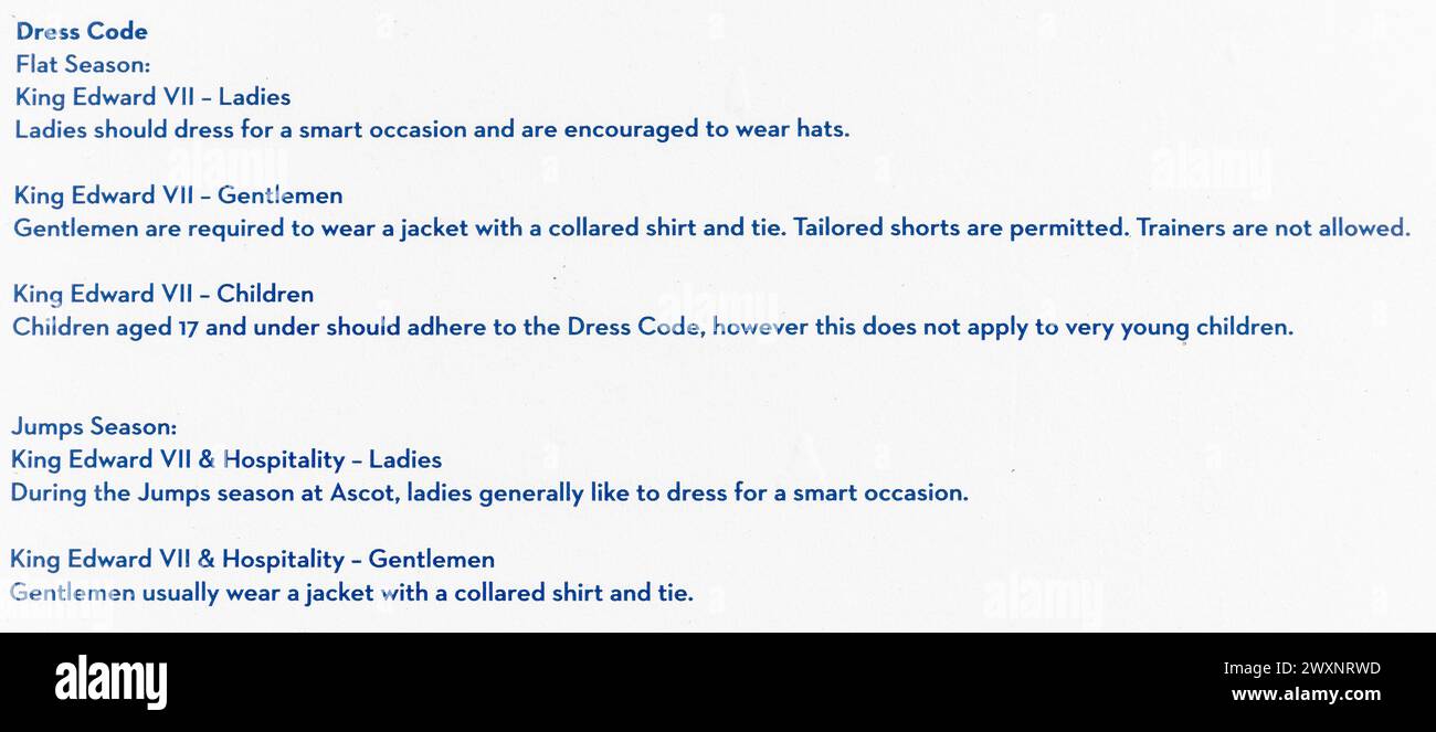 Conditions of entry sign at Ascot Racecourse, including details of the dress code requirements, Berkshire, England, UK. Close-up Stock Photo