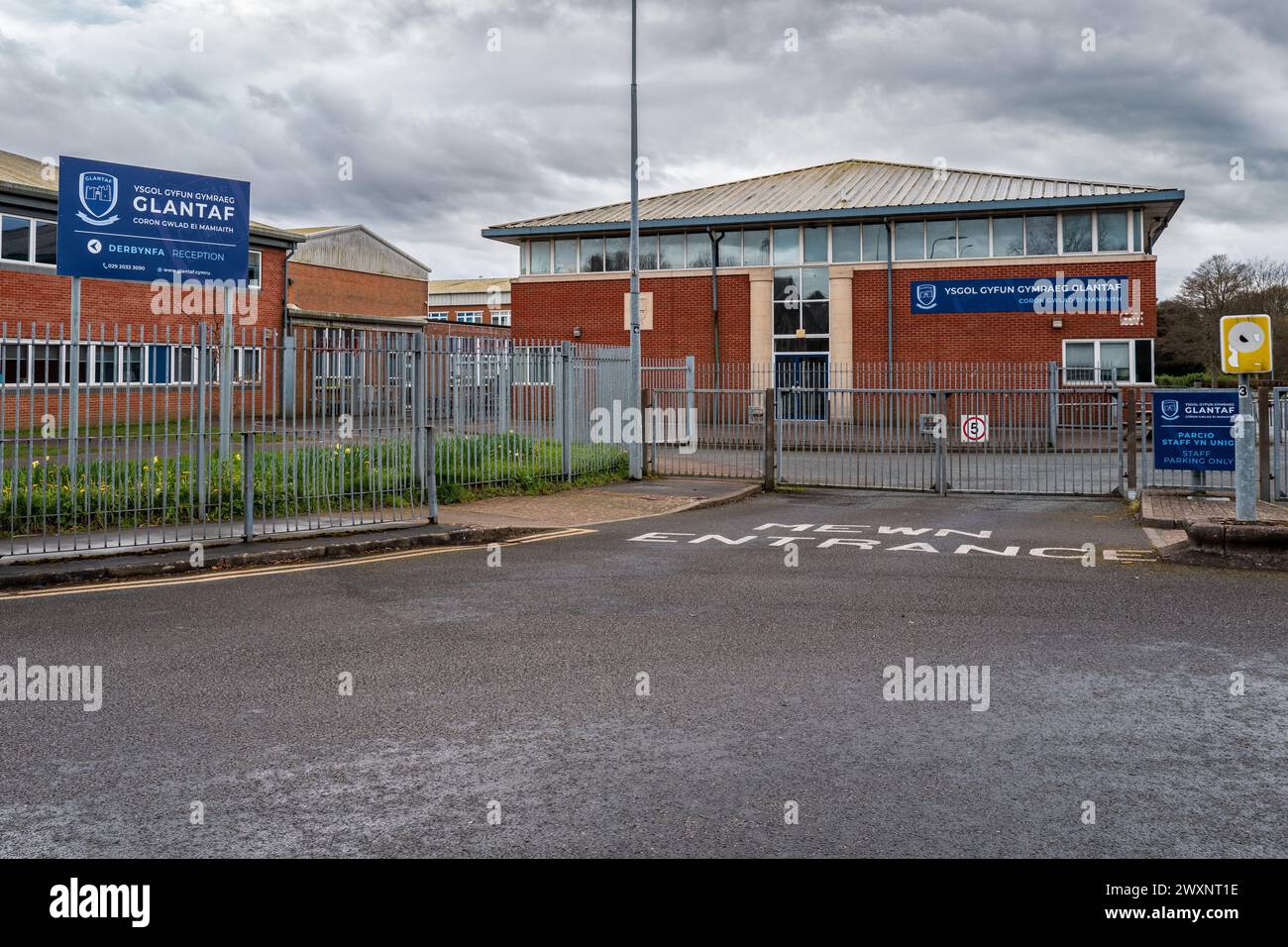 Entrance to Ysgol Glantaf. Welsh-medium secondary school in Llandaff North, Cardiff, Wales. Welsh language. Education. Welsh education. Stock Photo