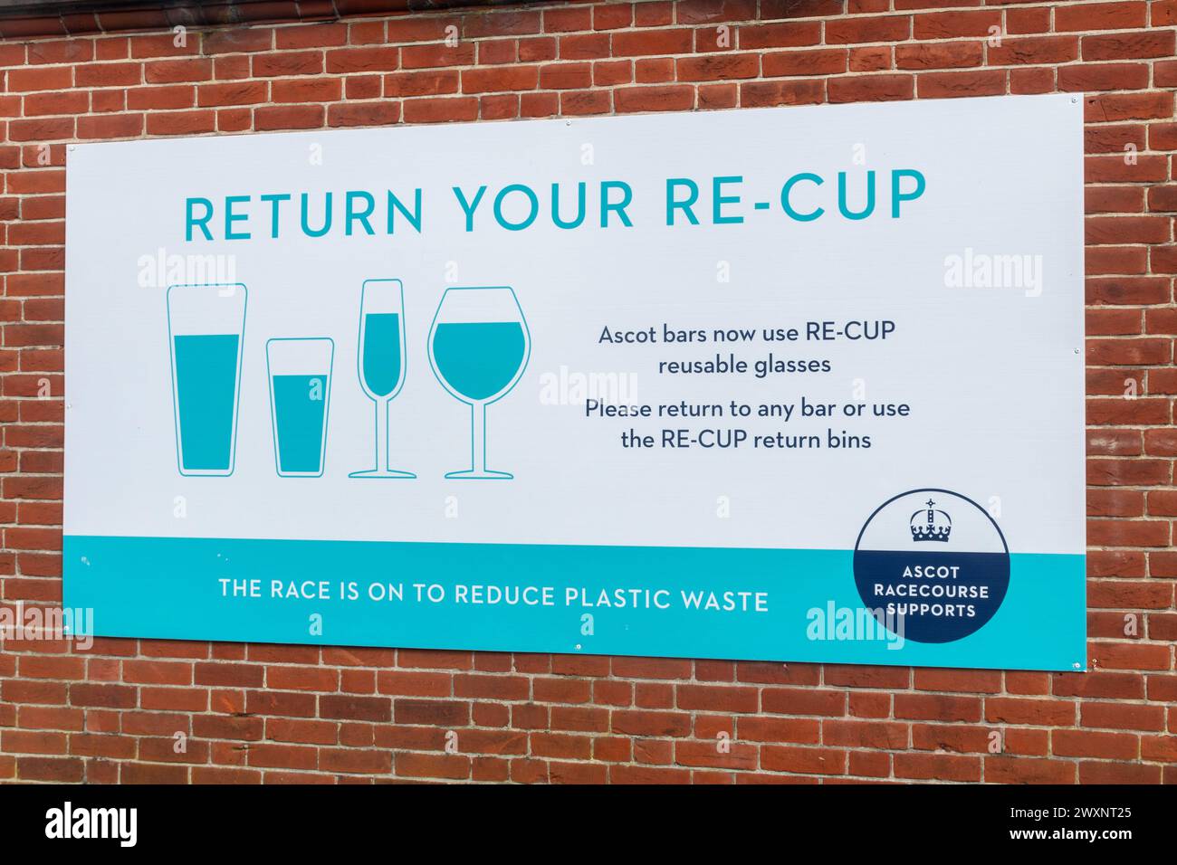 Return your Re-cup sign or poster, asking people to reuse their glasses or return them, Ascot Racecourse, Berkshire, England, UK. Reduce plastic waste Stock Photo