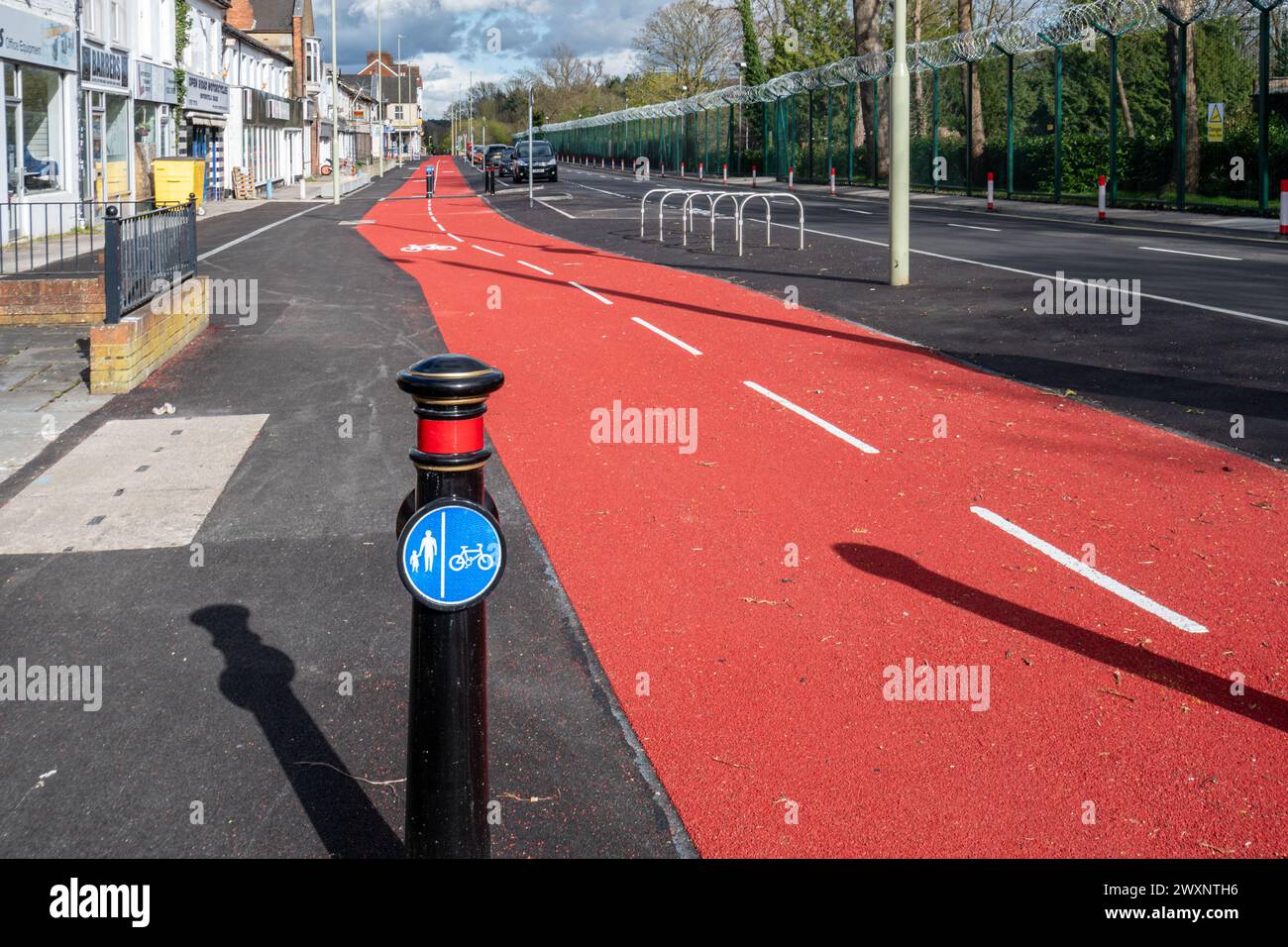 New cycle lanes and footpath beside Lynchford Road, Farnborough, Hampshire, England, UK, reopened in March 2024 following traffic improvement scheme Stock Photo